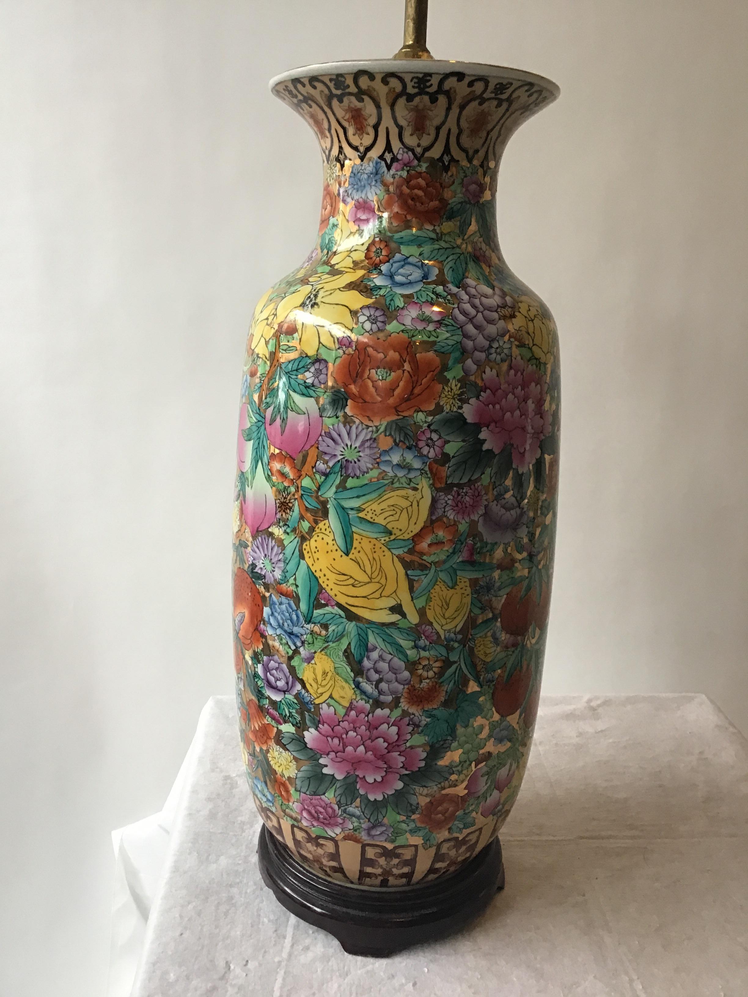 Large Pair of Asian Floral Gilt Ceramic Lamps 3