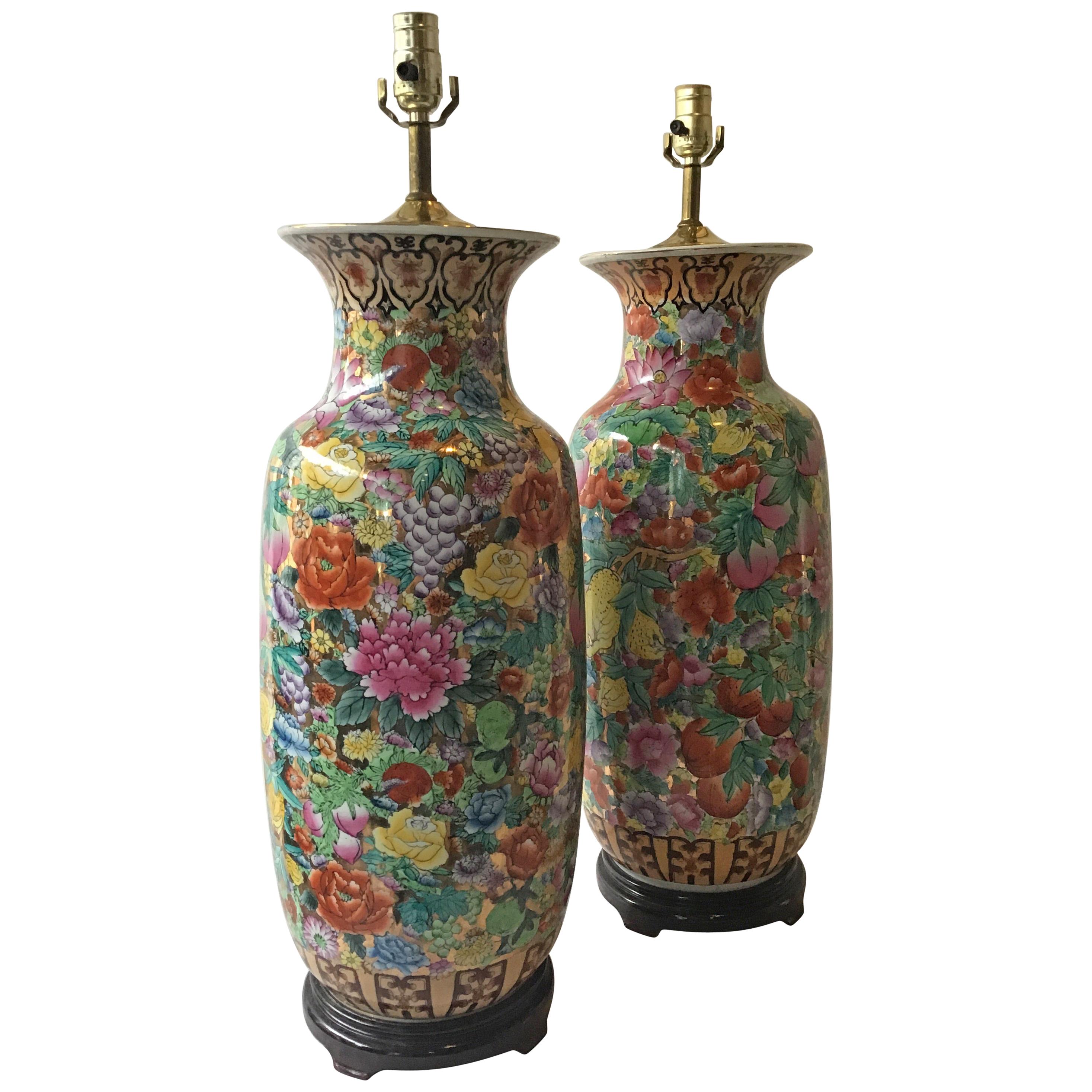 Large Pair of Asian Floral Gilt Ceramic Lamps
