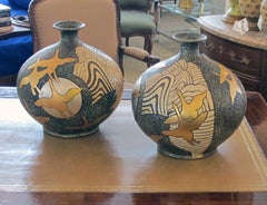 Large Pair of Asian-Inspired 1960s Ceramic Vases Adorned with Stylized Birds