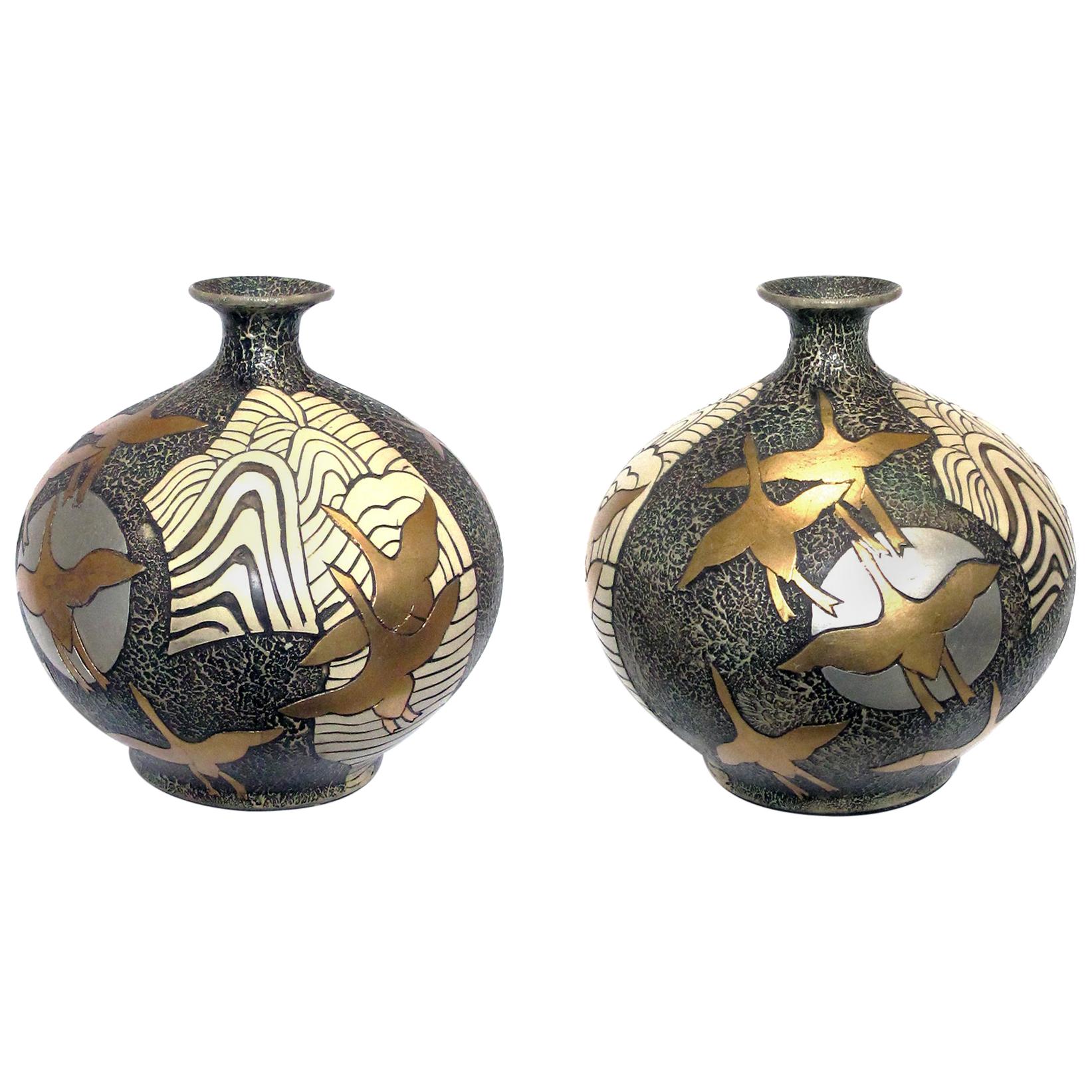 Large Pair of Asian-Inspired 1960s Ceramic Vases Adorned with Stylized Birds