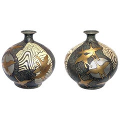 Large Pair of Asian-Inspired 1960s Ceramic Vases Adorned with Stylized Birds