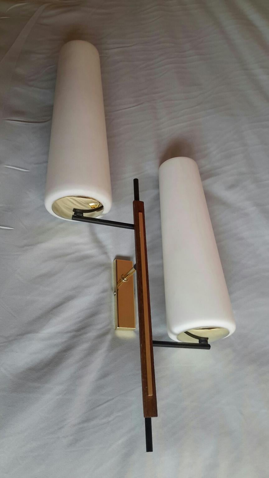 Opaline Glass Large Pair of Asymmetrical Double Mid-Century Modern Sconces, France, 1950s