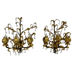 Large Pair of Bagues Style Gilt Metal Floral Wall Sconces with Rock Crystal