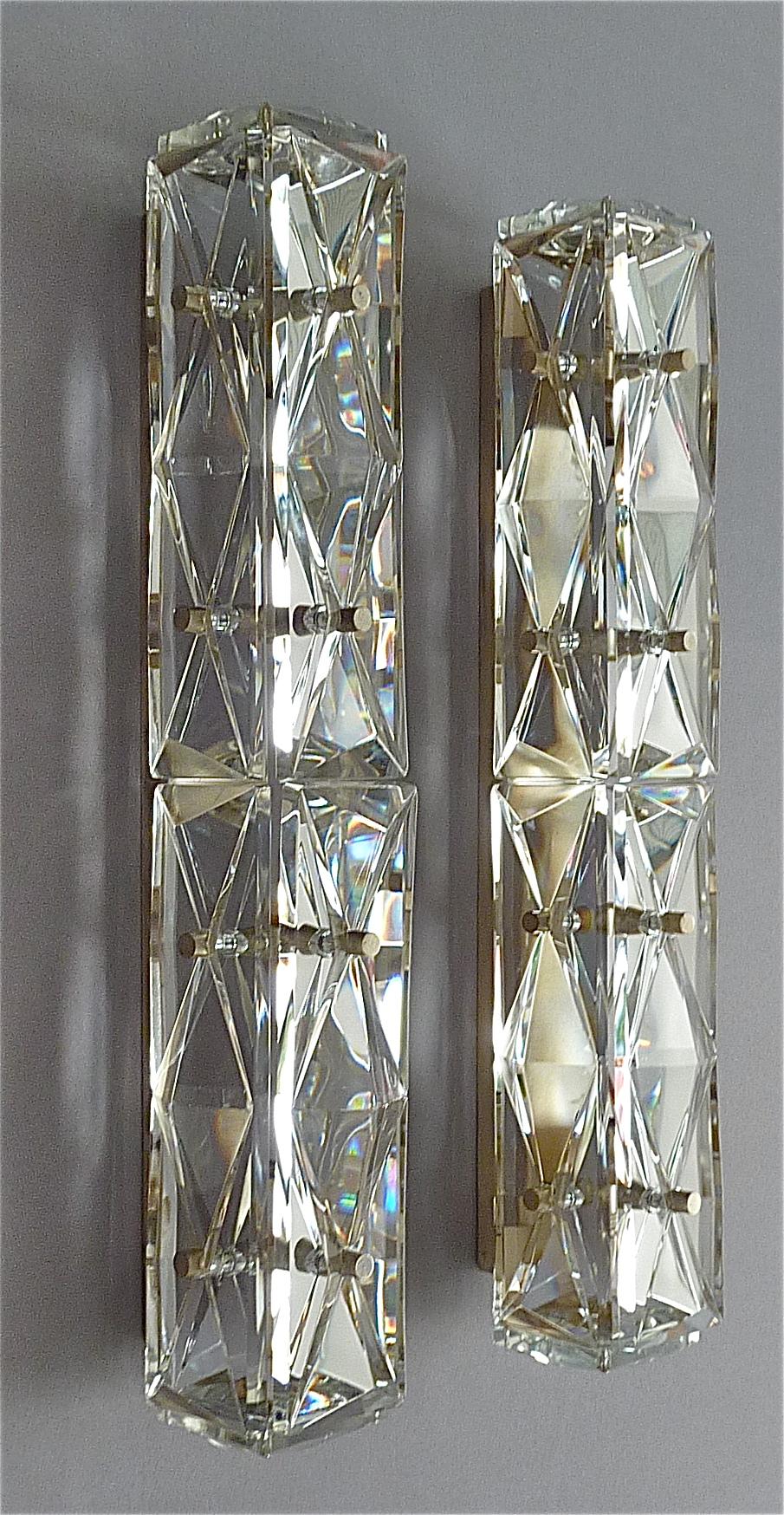 Mid-Century Modern Large Wall Lights Sconces Bakalowits or Kinkeldey Faceted Crystal Glass Metal For Sale