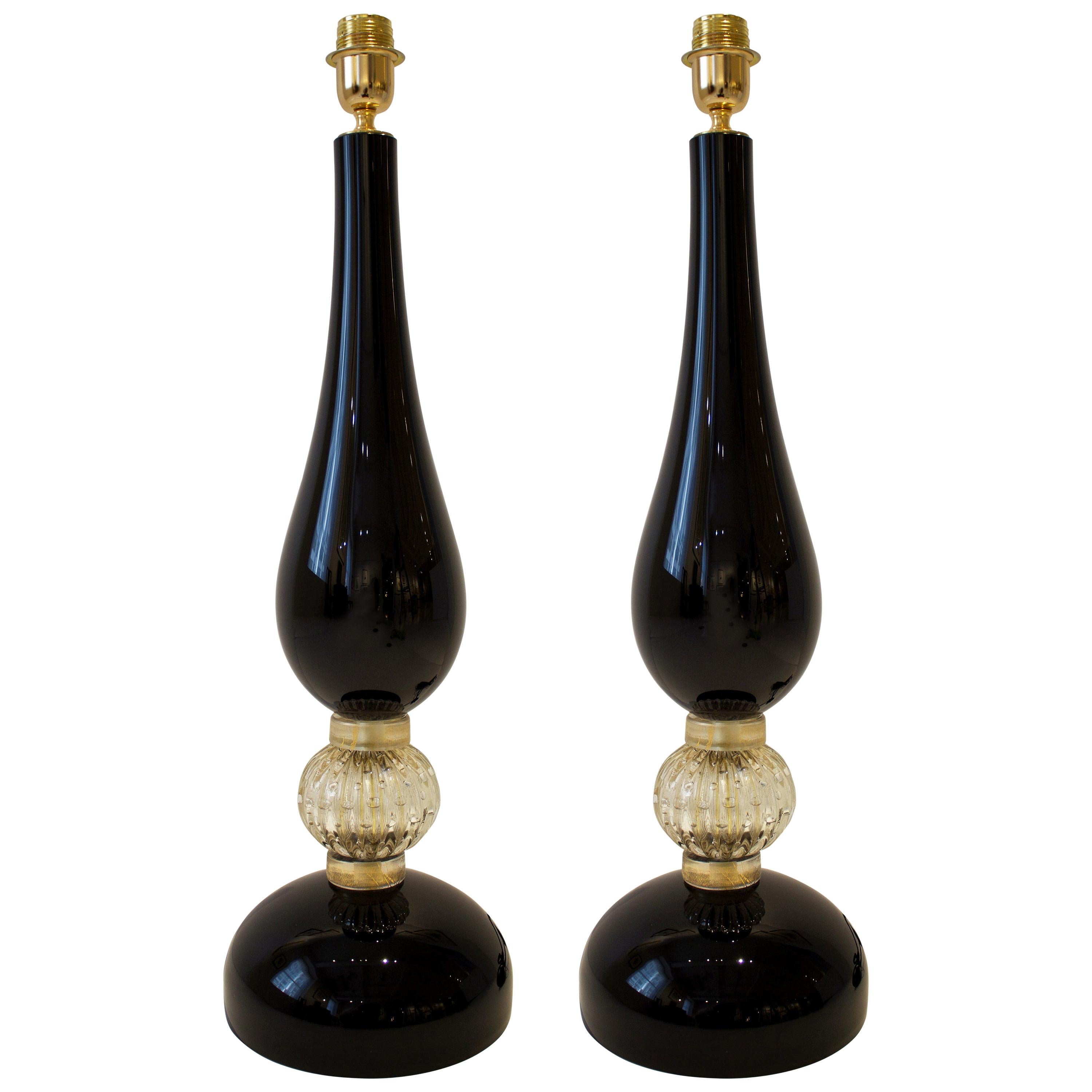 Large Pair of Black and Gold Murano Glass Lamps, Italy, Signed