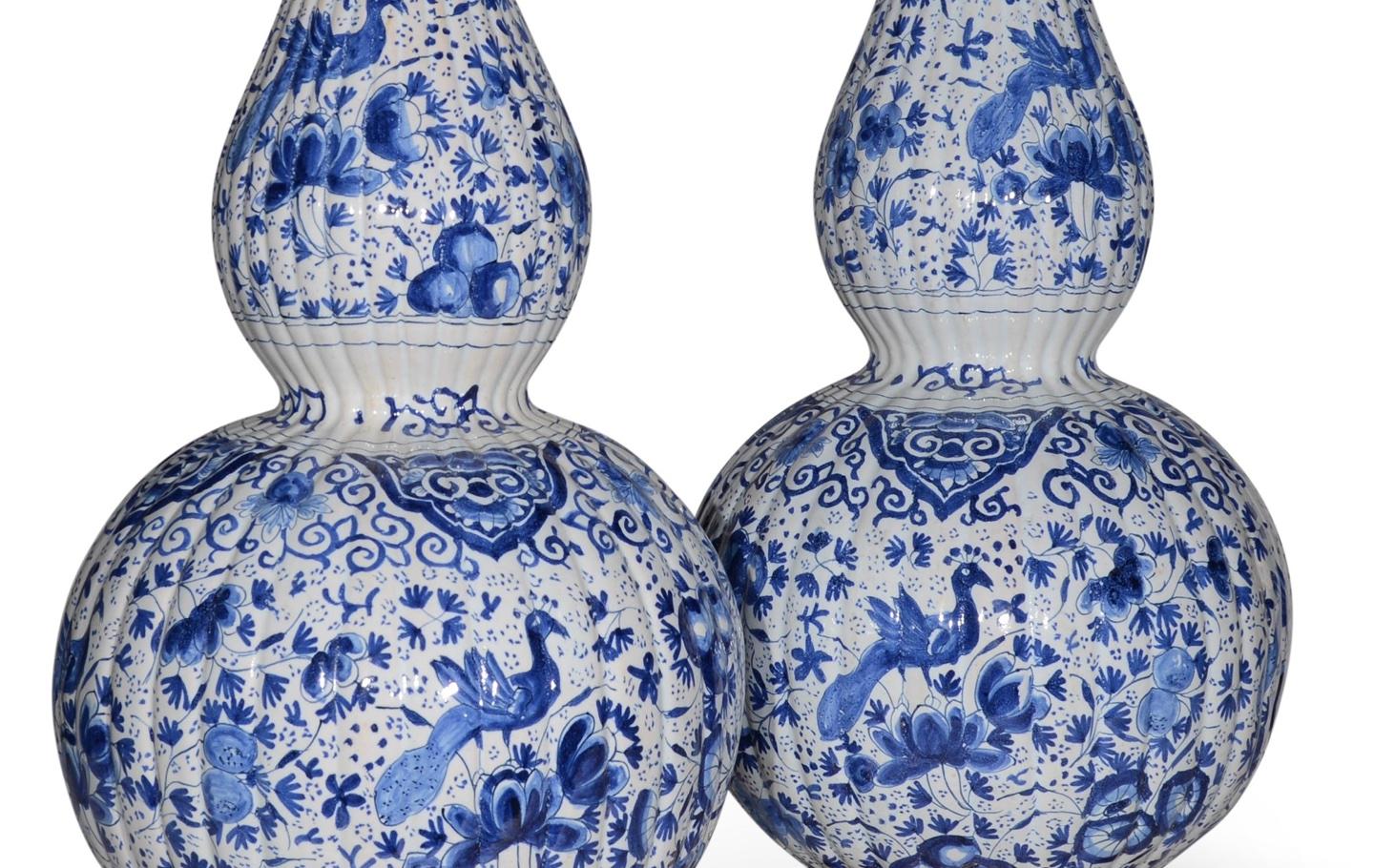 Glazed Large Pair of Blue and White 19th Century Delft Double Gourd Table Lamps For Sale