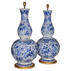 Vintage Large Pair of Blue and White 19th Century Delft Double Gourd Table Lamps
