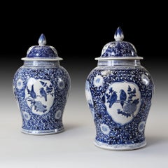 Large Pair of Blue and White Baluster Vases and Covers