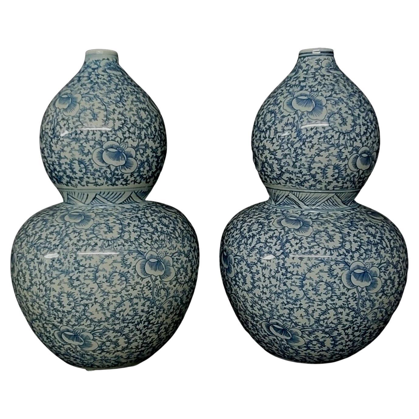 Large Pair of Blue and White Chinese Double Gourd Vases For Sale