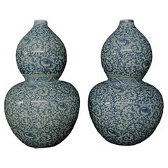 Antique Large Pair of Blue and White Chinese Double Gourd Vases