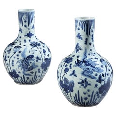 Large Pair of Blue and White Chinese Straight Neck Vases 