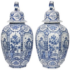 Large Pair of Blue and White Delft Jars Retro Made, 20th Century