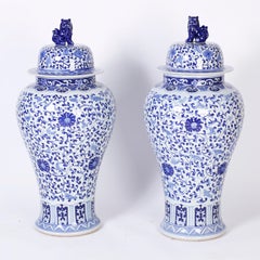 Large Pair of Blue and White Porcelain Palace Urns