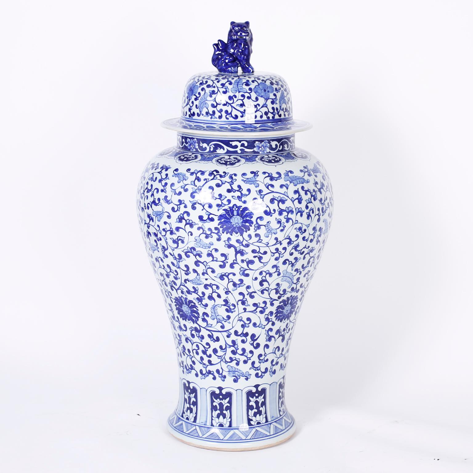 blue and white urns