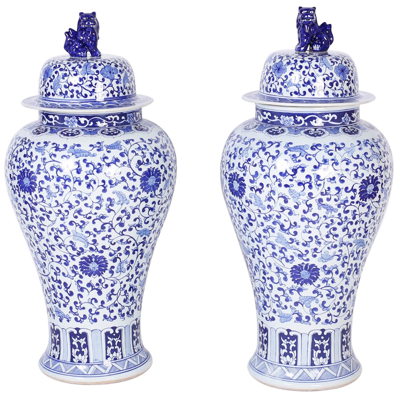 Large Pair of Blue and White Porcelain Palace Urns