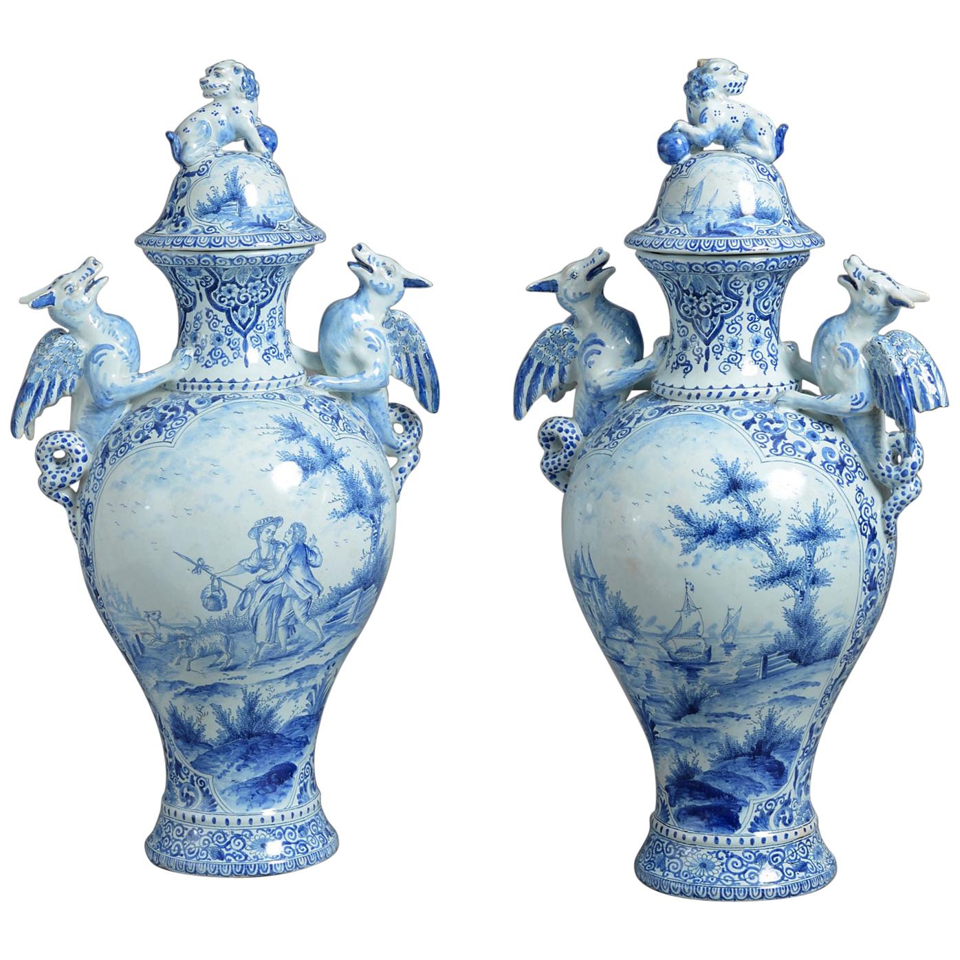 Large Pair of Blue & White Delft Pottery Vases and Covers