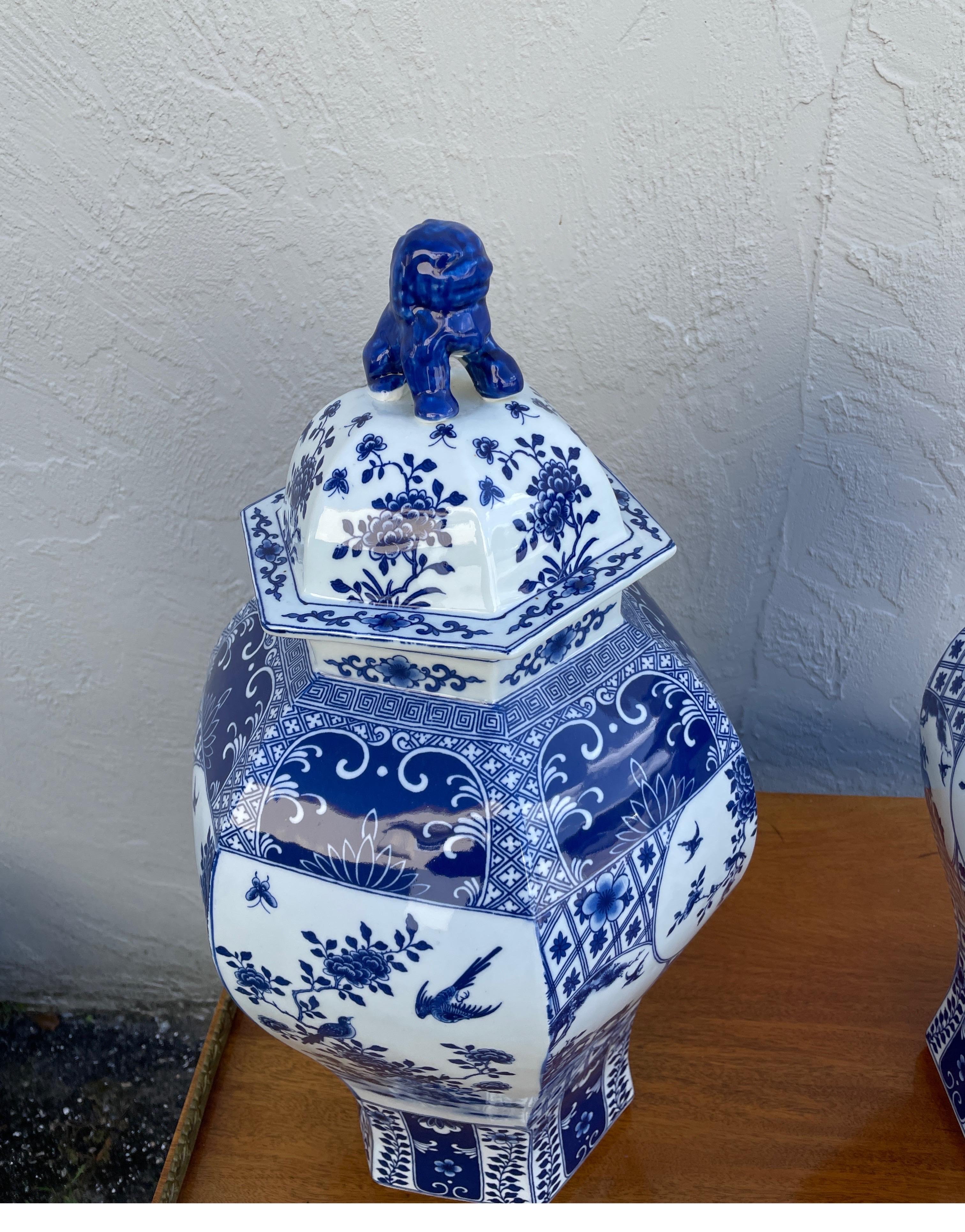 Chinoiserie Large Pair of Blue & White Ginger Jars with Foo Dog Lids For Sale