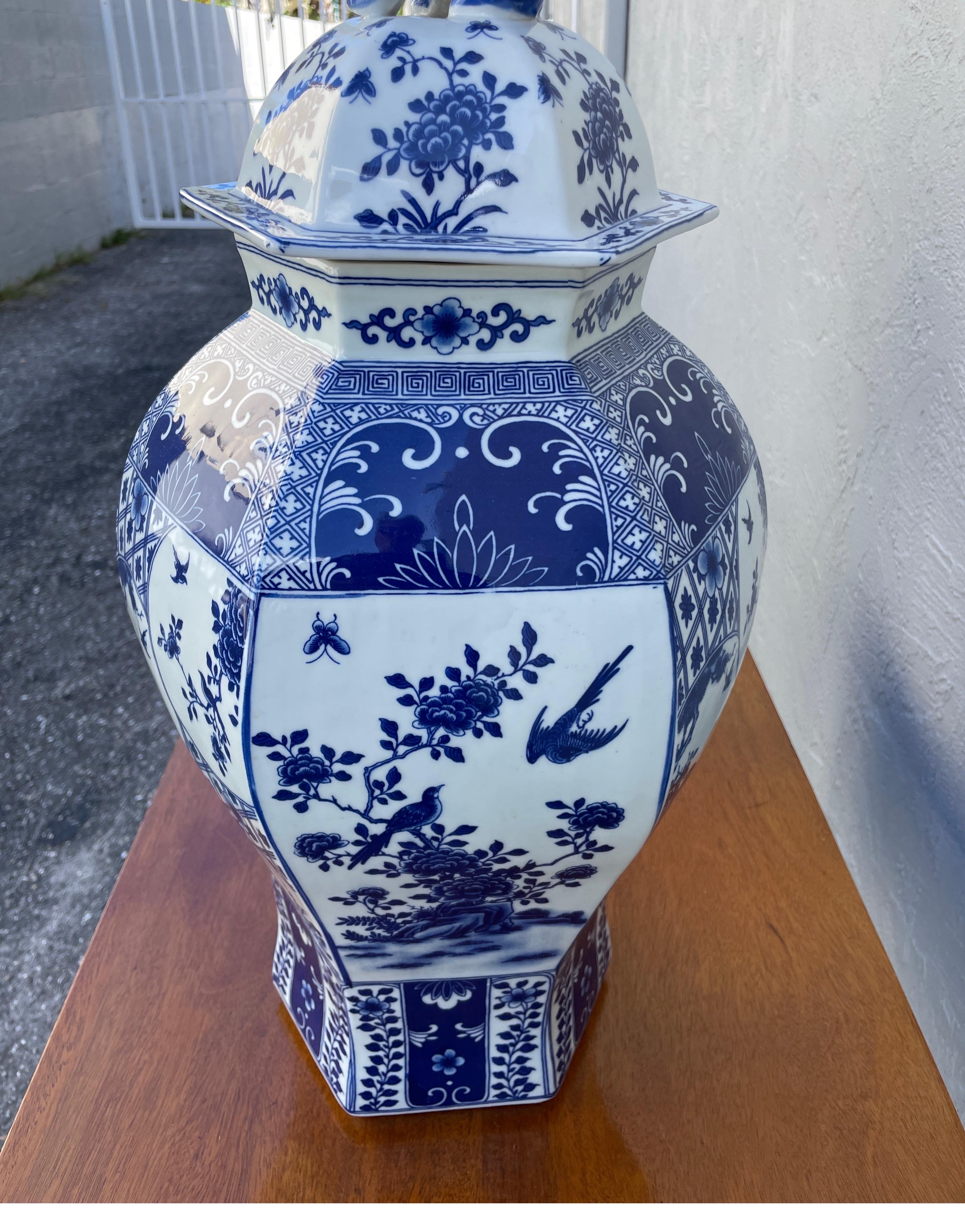 20th Century Large Pair of Blue & White Ginger Jars with Foo Dog Lids For Sale