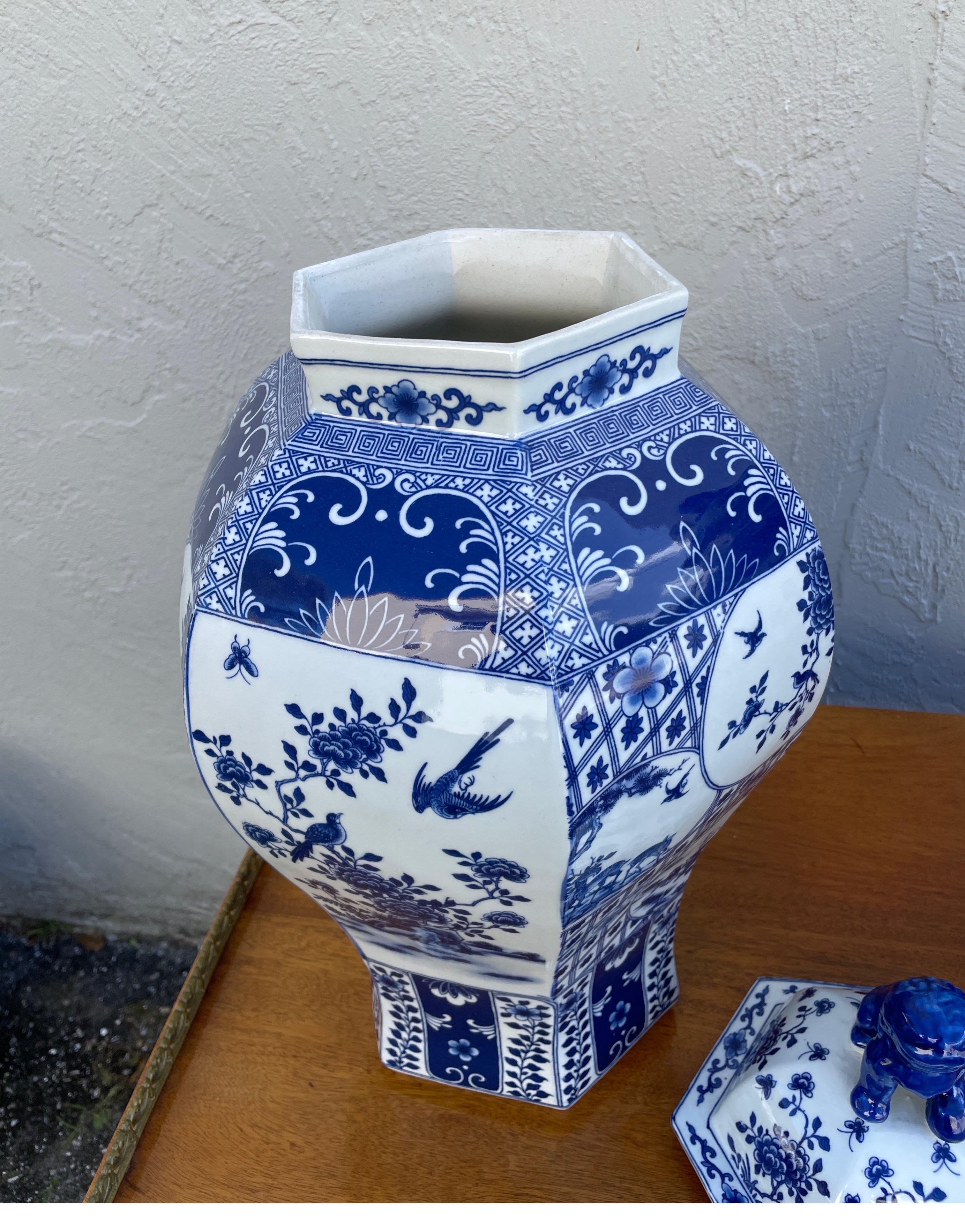 Porcelain Large Pair of Blue & White Ginger Jars with Foo Dog Lids For Sale