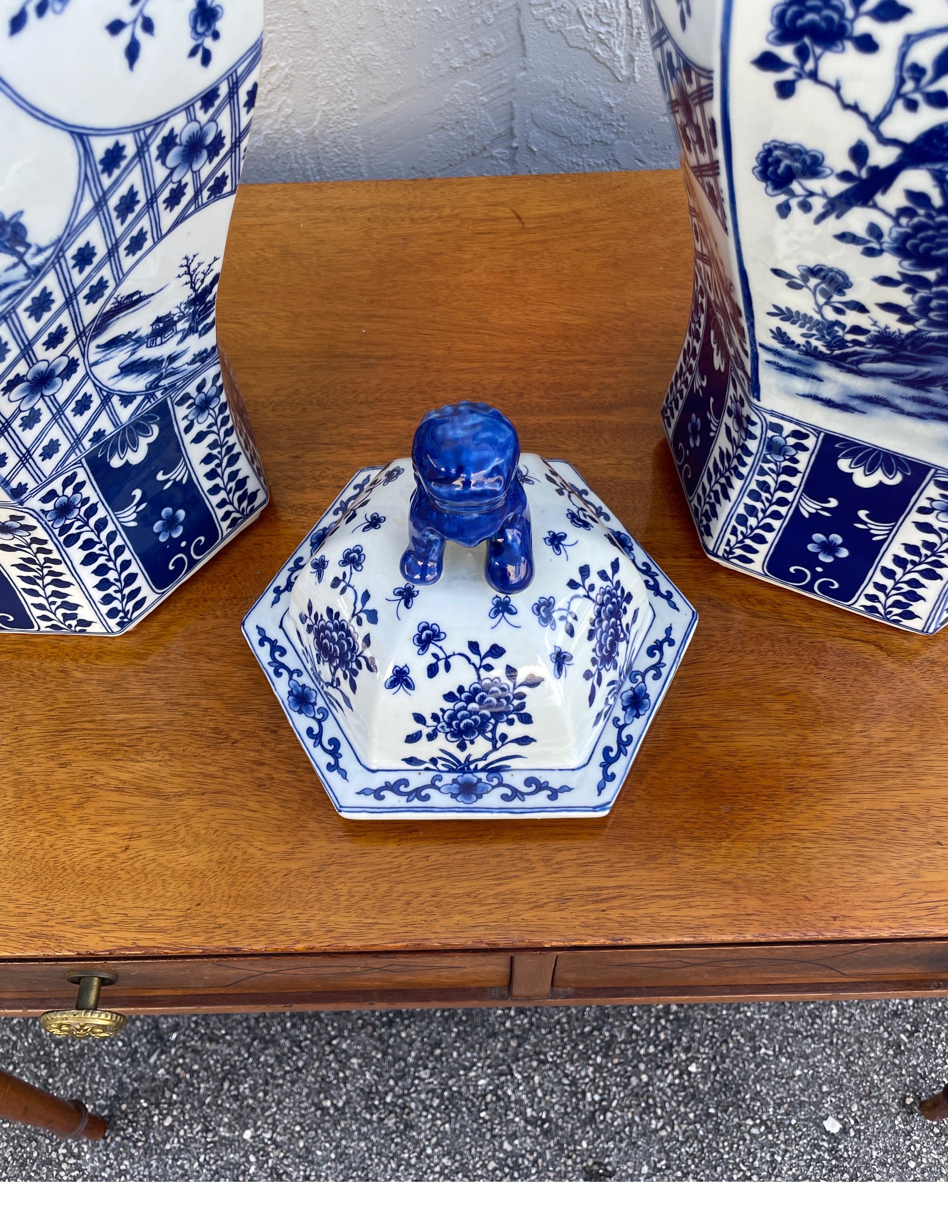 Large Pair of Blue & White Ginger Jars with Foo Dog Lids For Sale 1