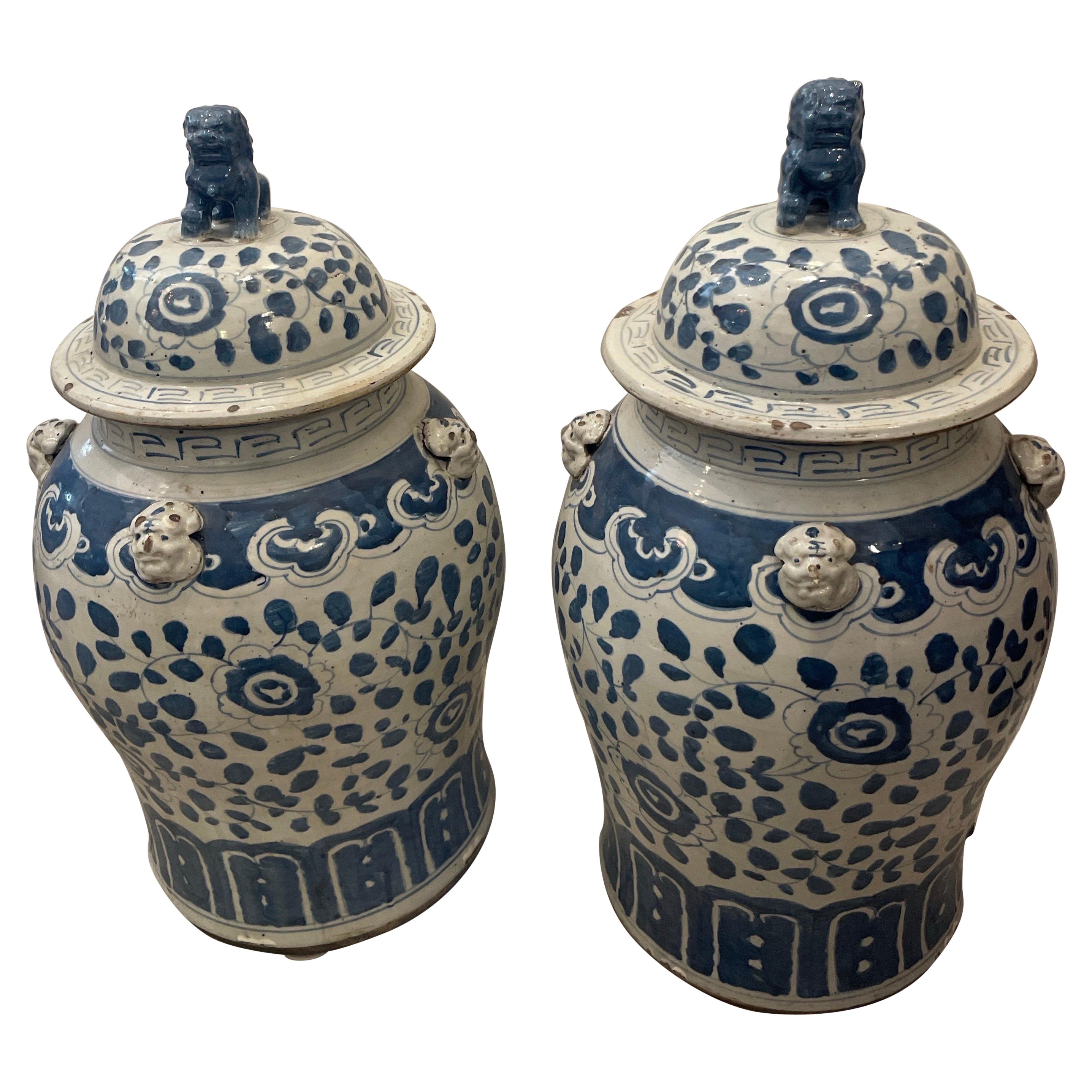 Großes Paar blau-weißer Ingwergefäße mit Foo Dog-Deckeln, Foo Dog im Angebot