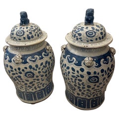 Large Pair of Blue & White Ginger Jars with Foo Dog Lids