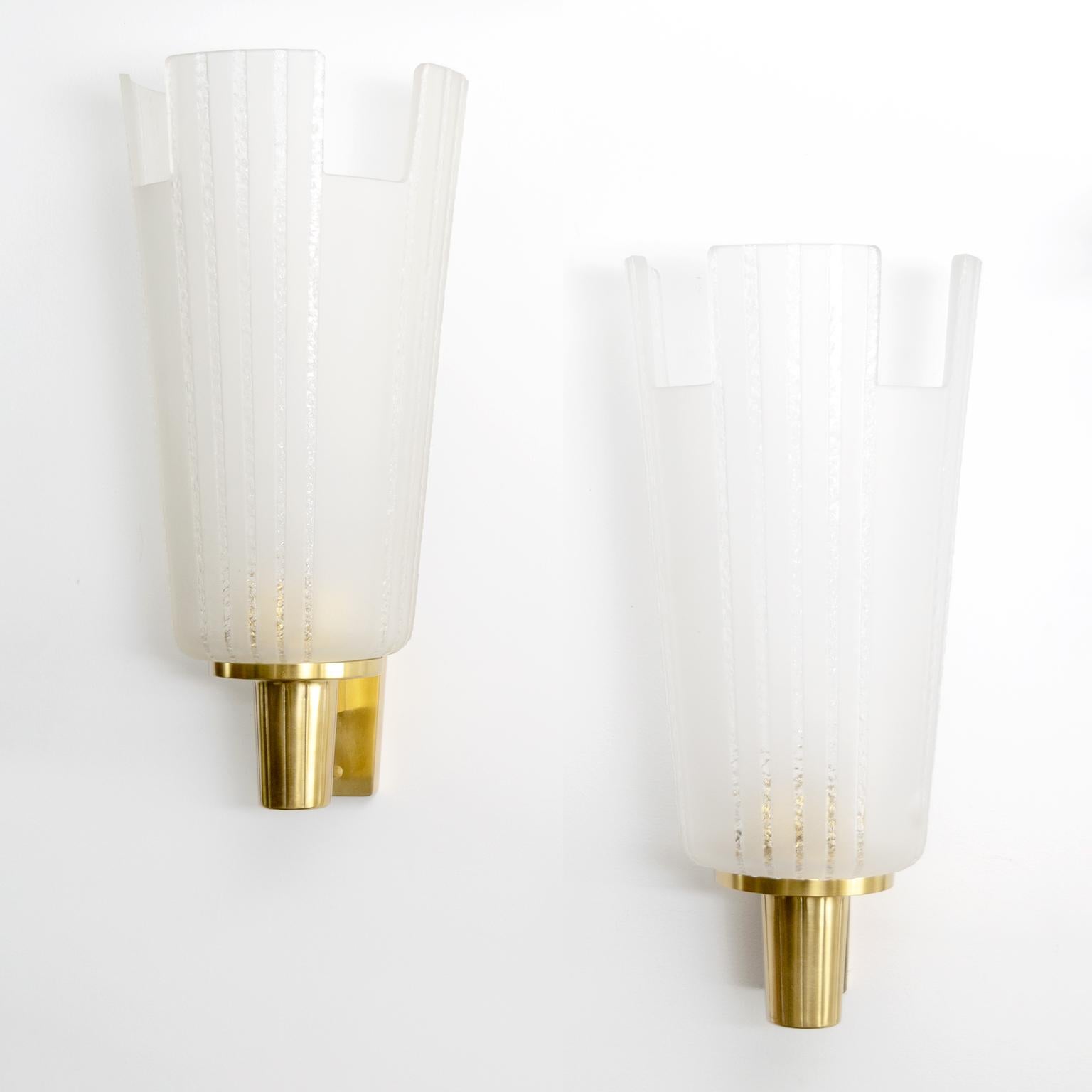 Böhlmarks, Scandinavian Modern Etched Glass and Brass Sconces Swedish Art Deco In Good Condition In New York, NY