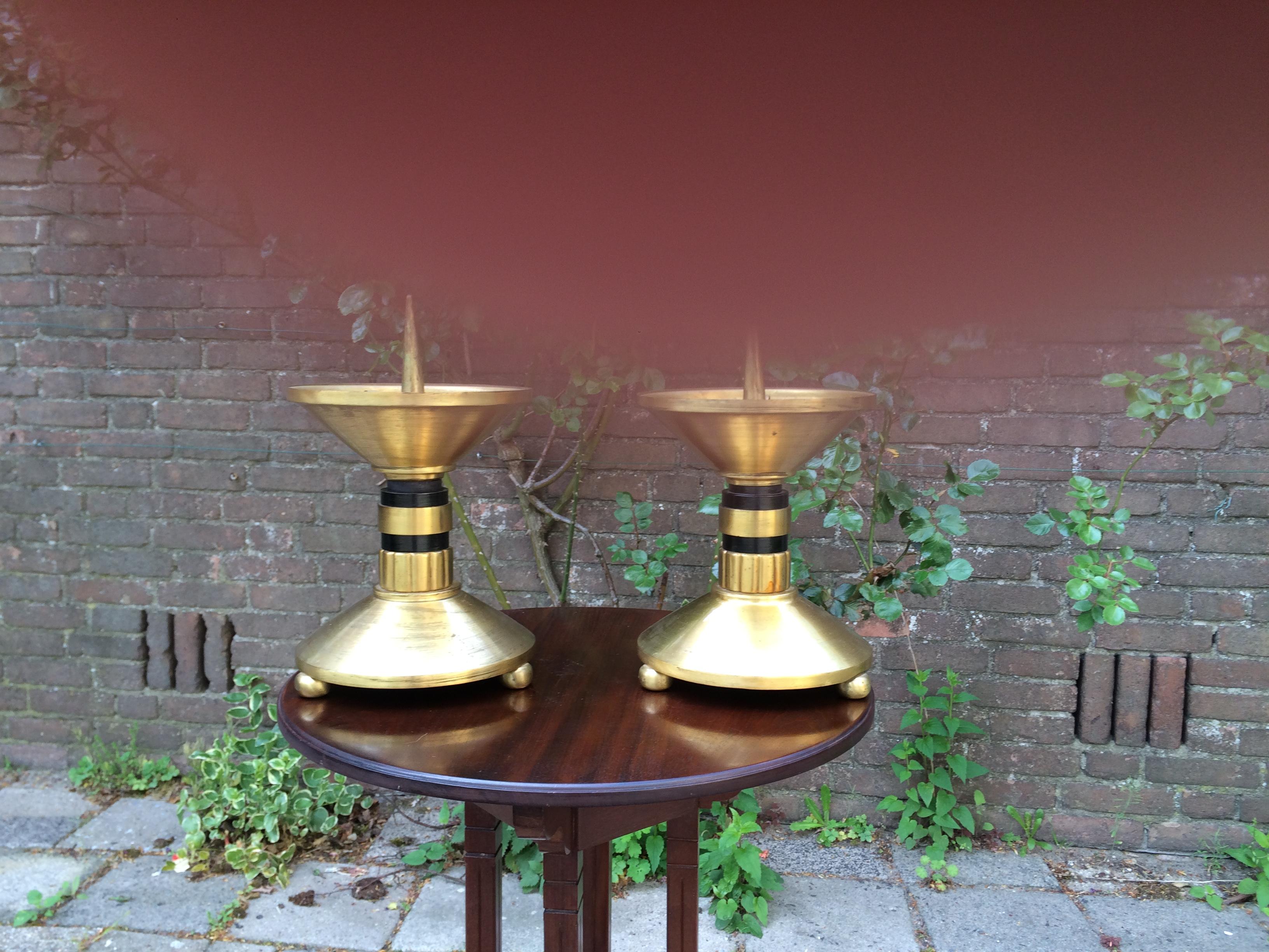 Large Pair of Brass and Blackened Wood Church Altar Candlesticks Candle Holders For Sale 1
