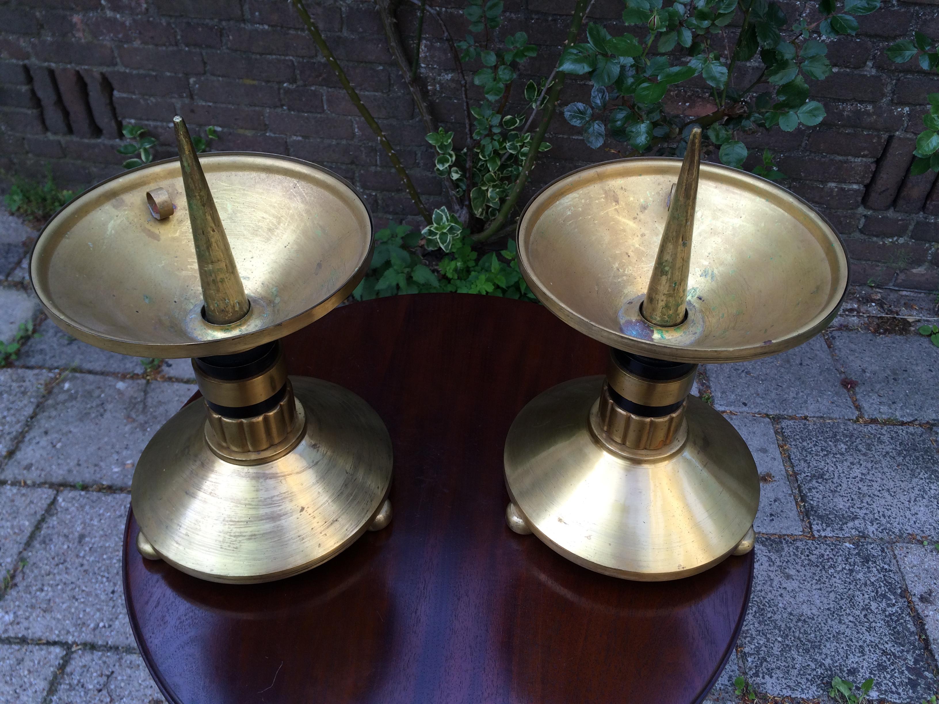 Large Pair of Brass and Blackened Wood Church Altar Candlesticks Candle Holders For Sale 2