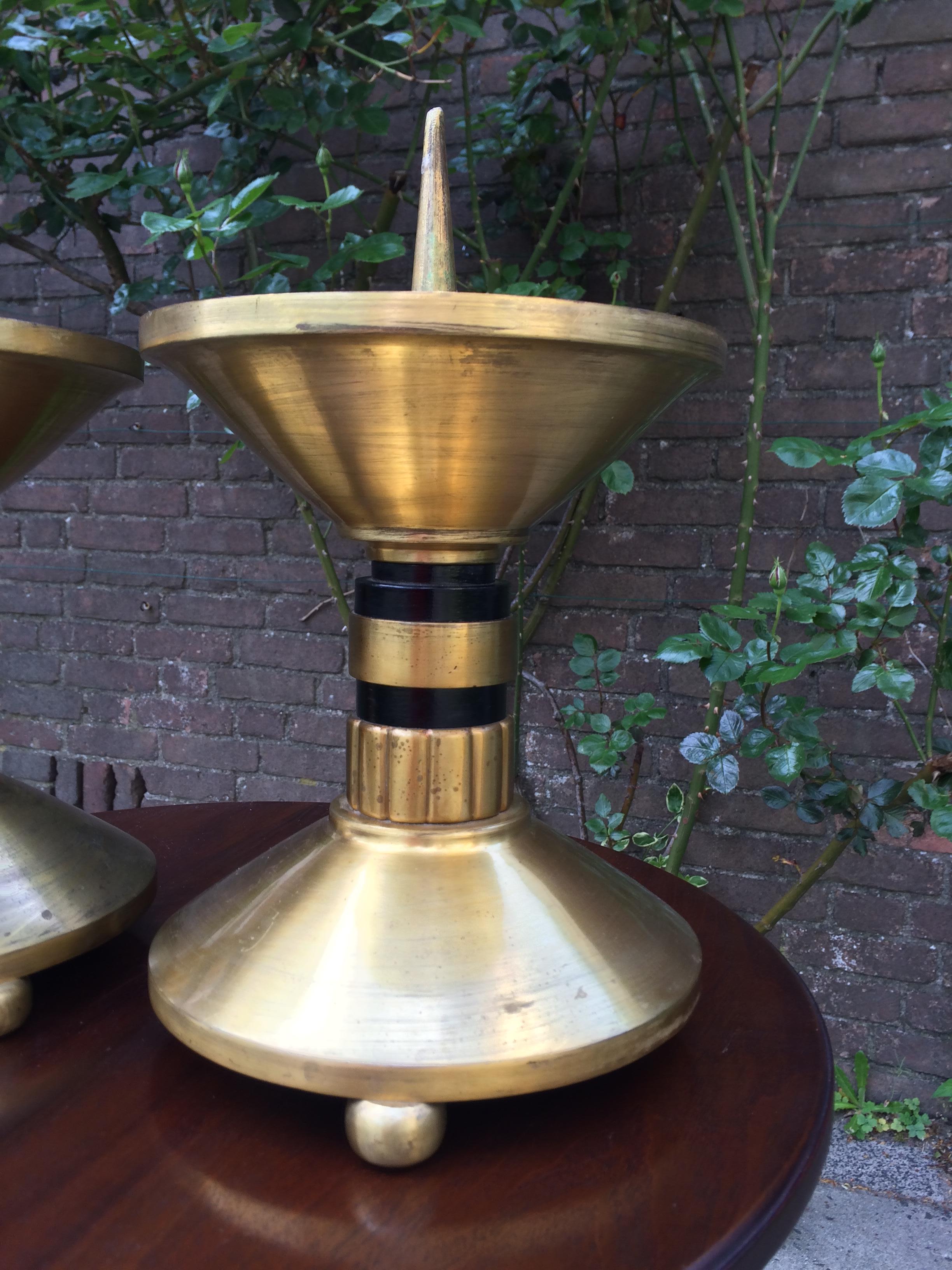 Large Pair of Brass and Blackened Wood Church Altar Candlesticks Candle Holders For Sale 4