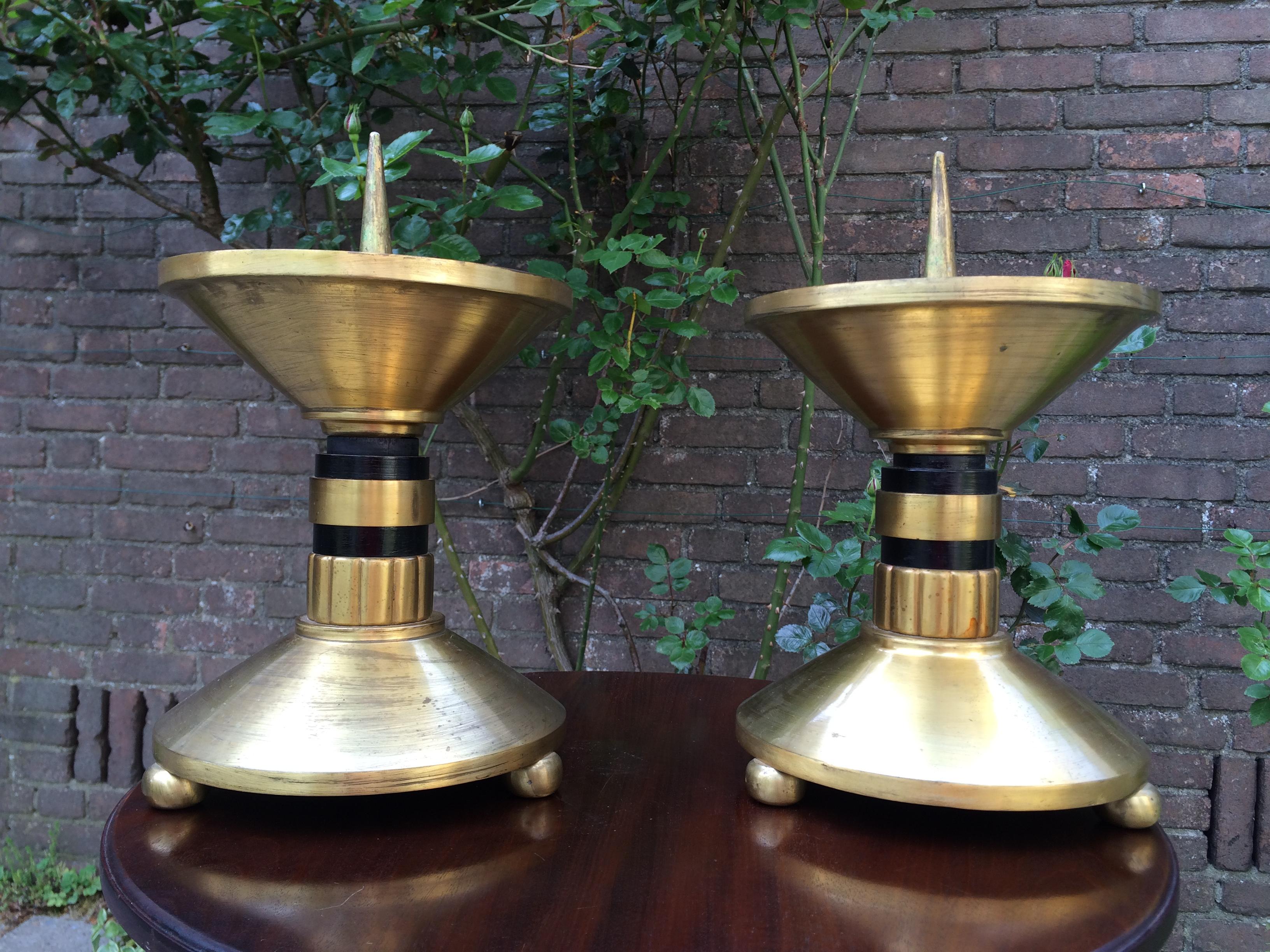 Large Pair of Brass and Blackened Wood Church Altar Candlesticks Candle Holders For Sale 8