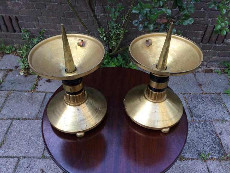 Large Pair of Brass and Blackened Wood Church Altar Candlesticks Candle