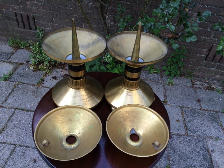 Large Pair of Brass and Blackened Wood Church Altar Candlesticks Candle  Holders For Sale at 1stDibs