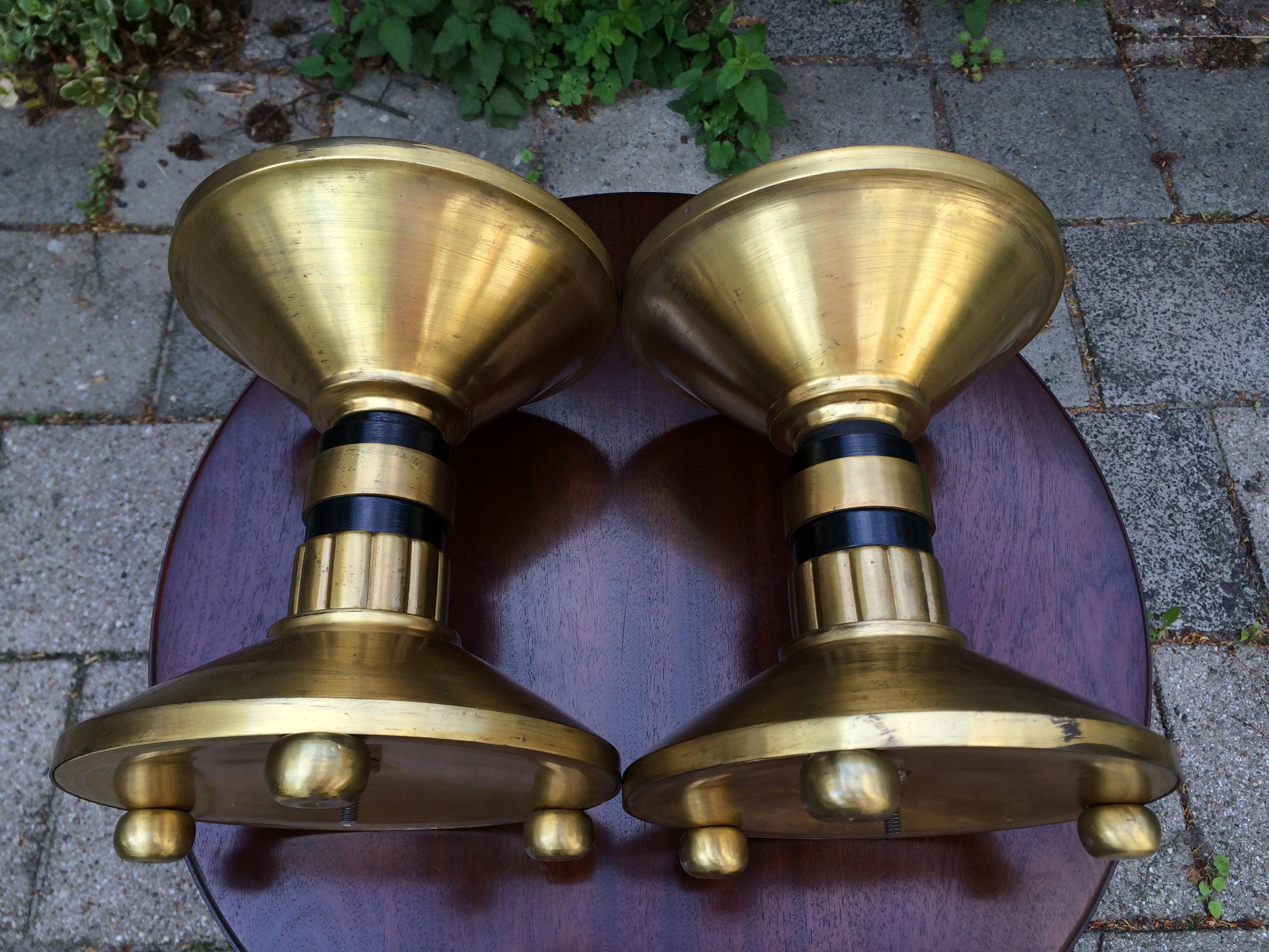Art Deco Large Pair of Brass and Blackened Wood Church Altar Candlesticks Candle Holders For Sale