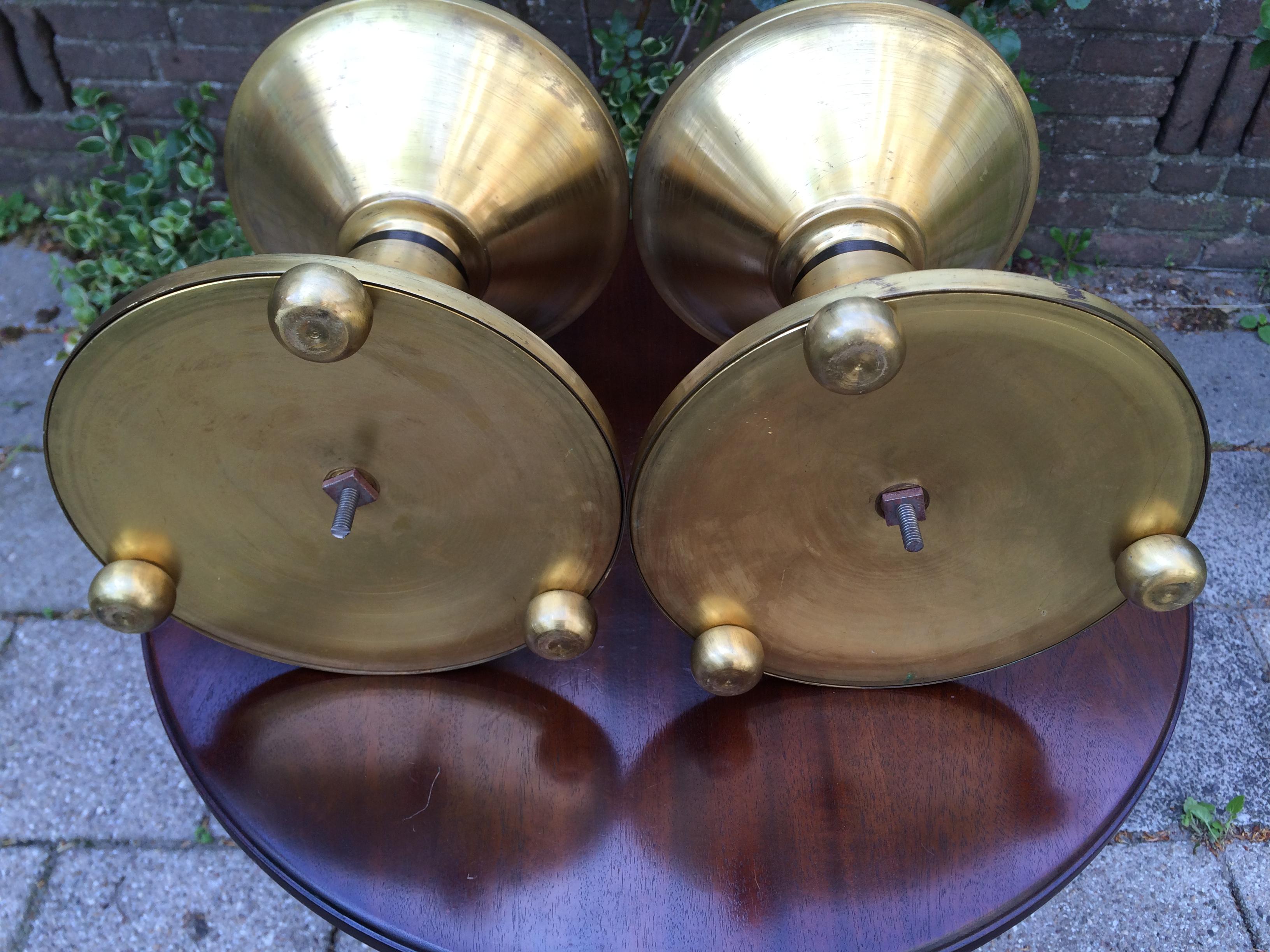 European Large Pair of Brass and Blackened Wood Church Altar Candlesticks Candle Holders For Sale