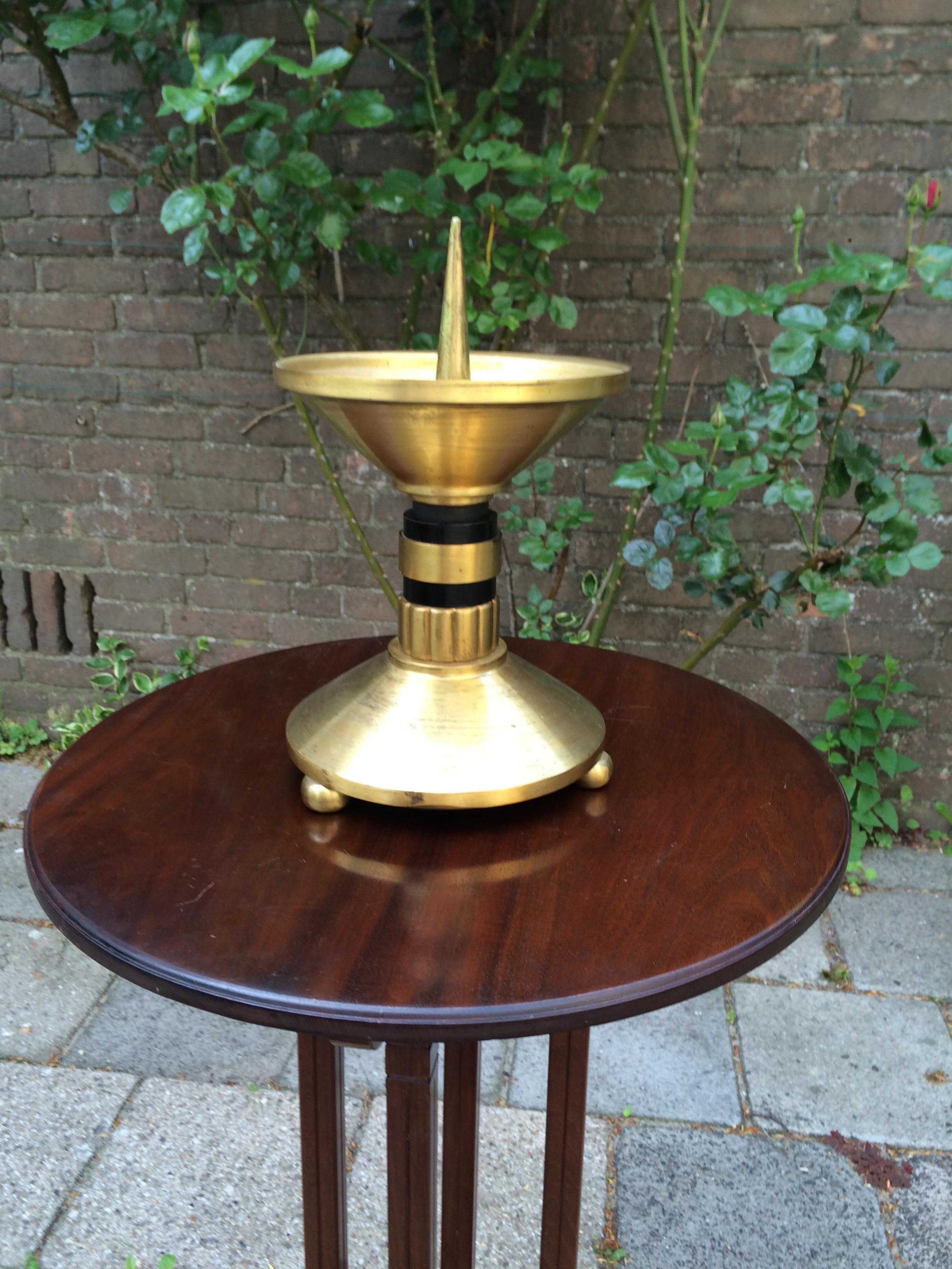 20th Century Large Pair of Brass and Blackened Wood Church Altar Candlesticks Candle Holders For Sale