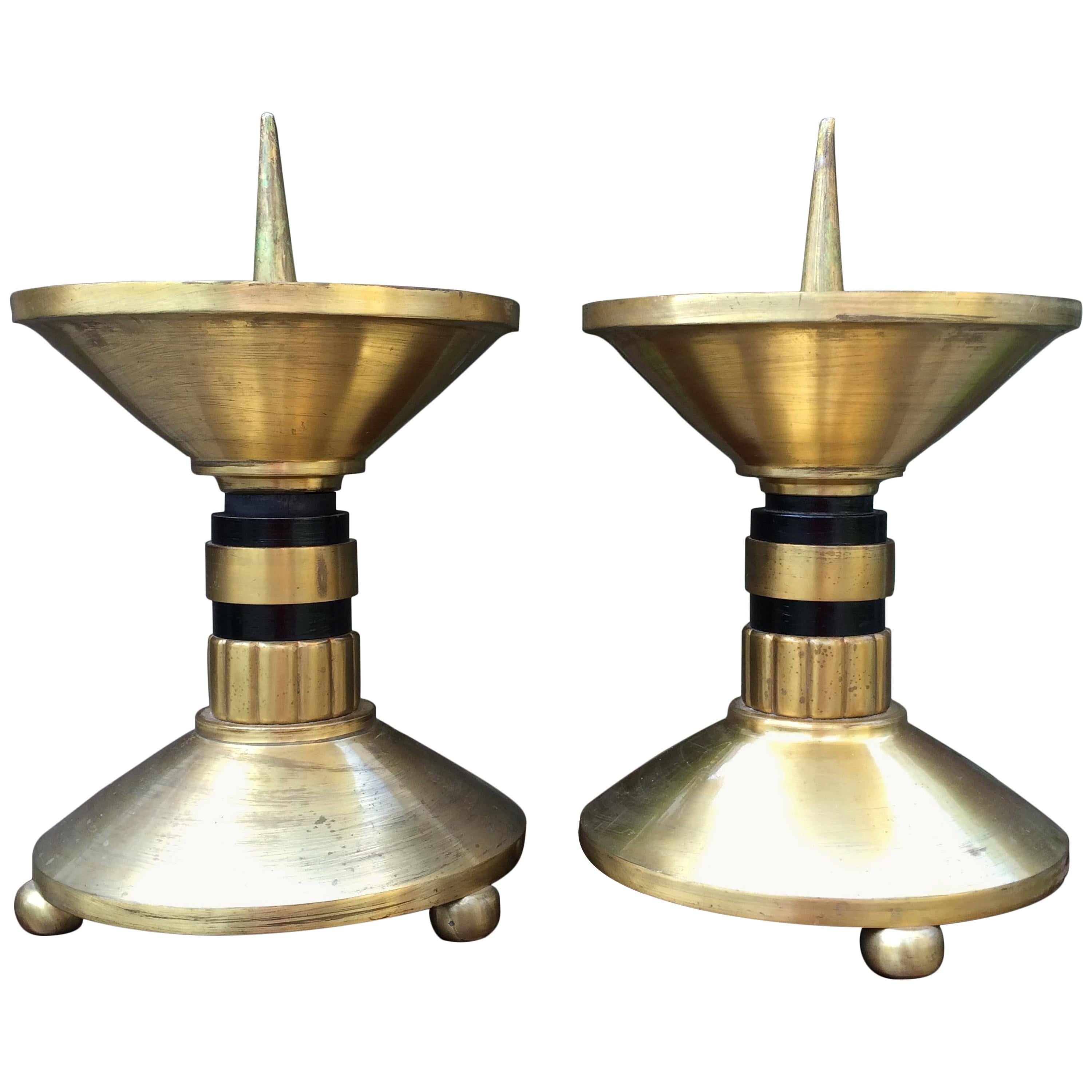 Large Pair of Brass and Blackened Wood Church Altar Candlesticks Candle Holders