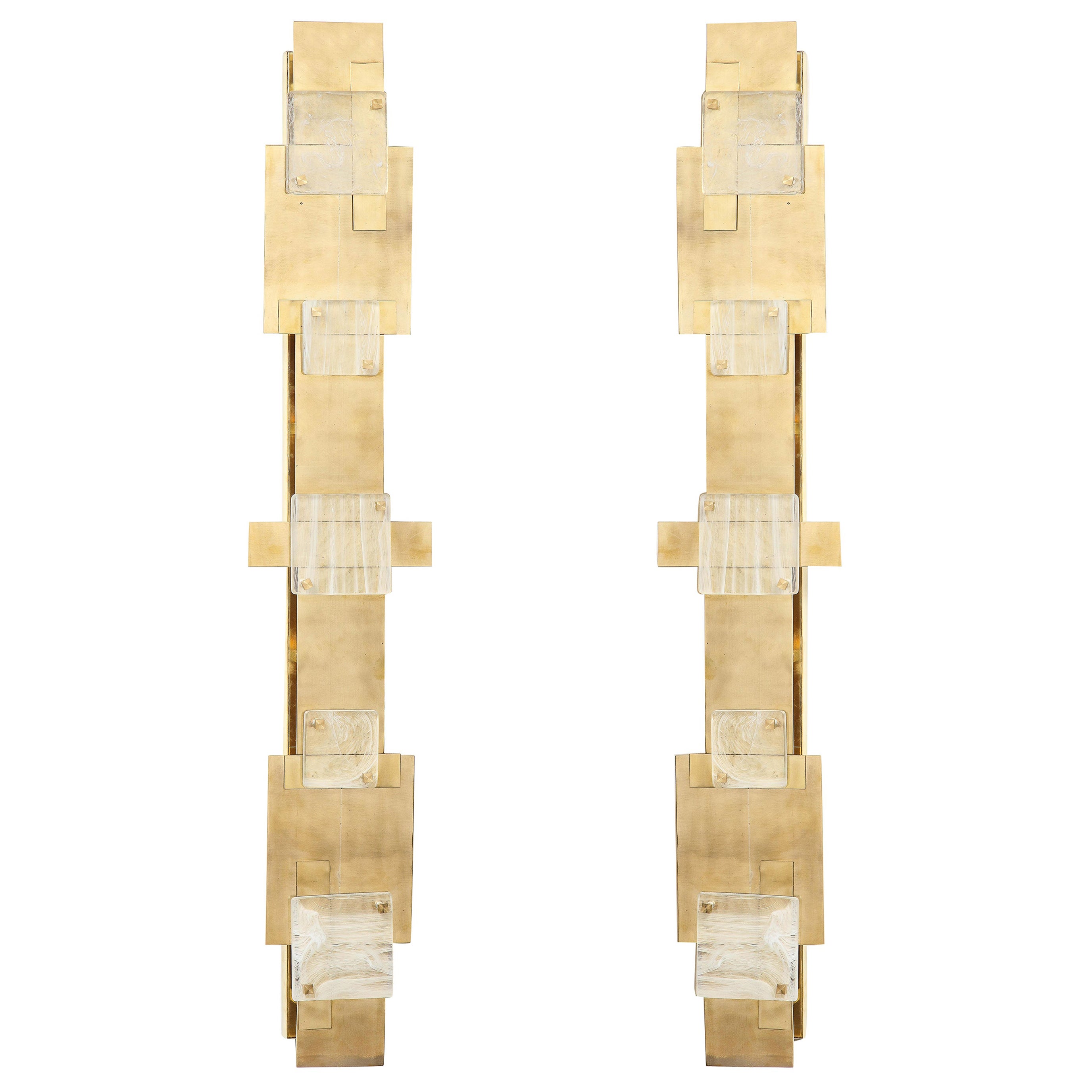 Large Pair of Brass and Clear and White Swirl Murano Glass Cubist Sconces, Italy