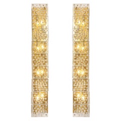Large Pair of Brass and Clear Murano Glass Blocks Sconces, Italy, 54" Tall