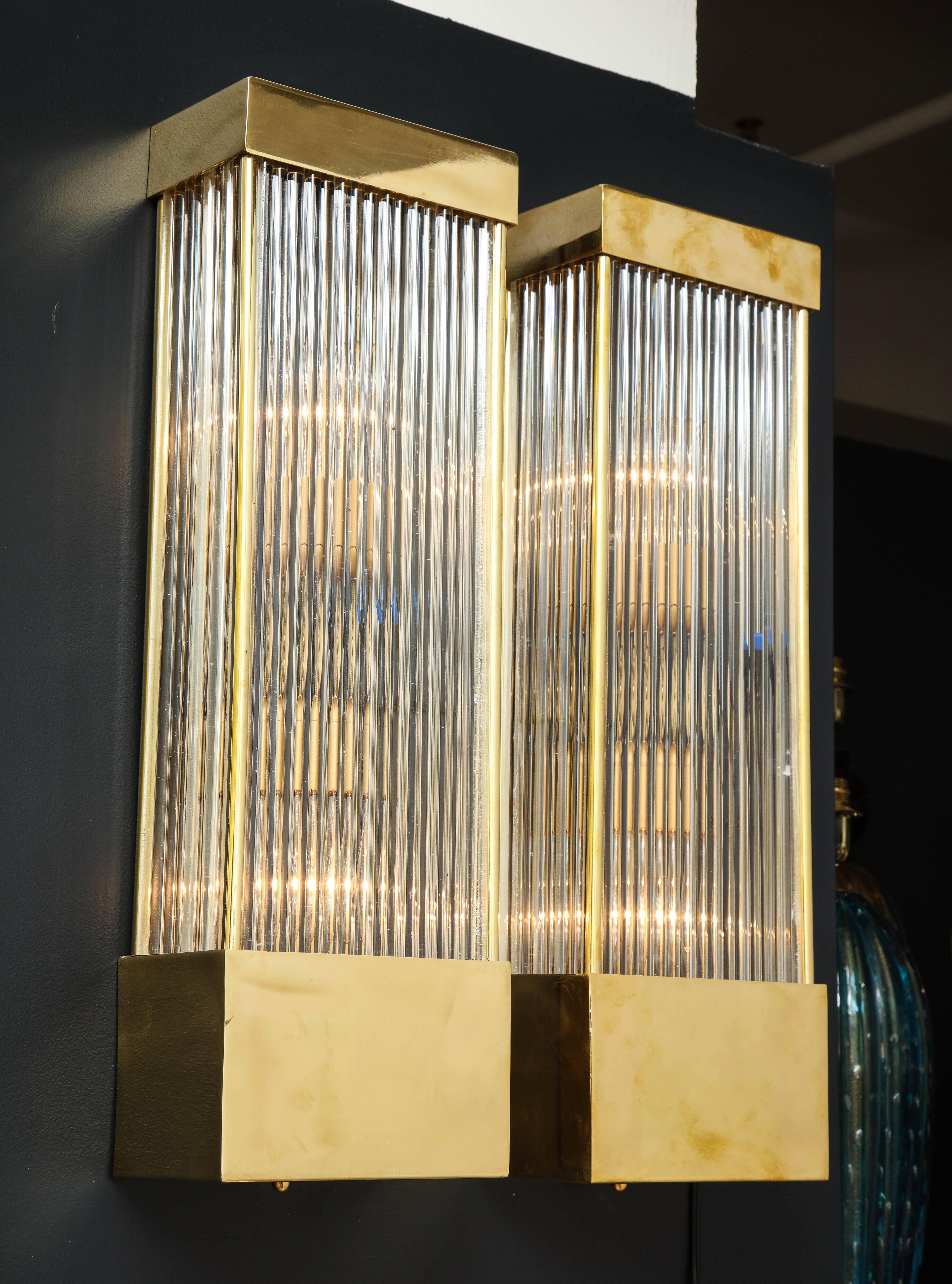 Mid-Century Modern Large Pair of Brass and Clear Murano Glass Rods Rectangular Sconces, Italy For Sale