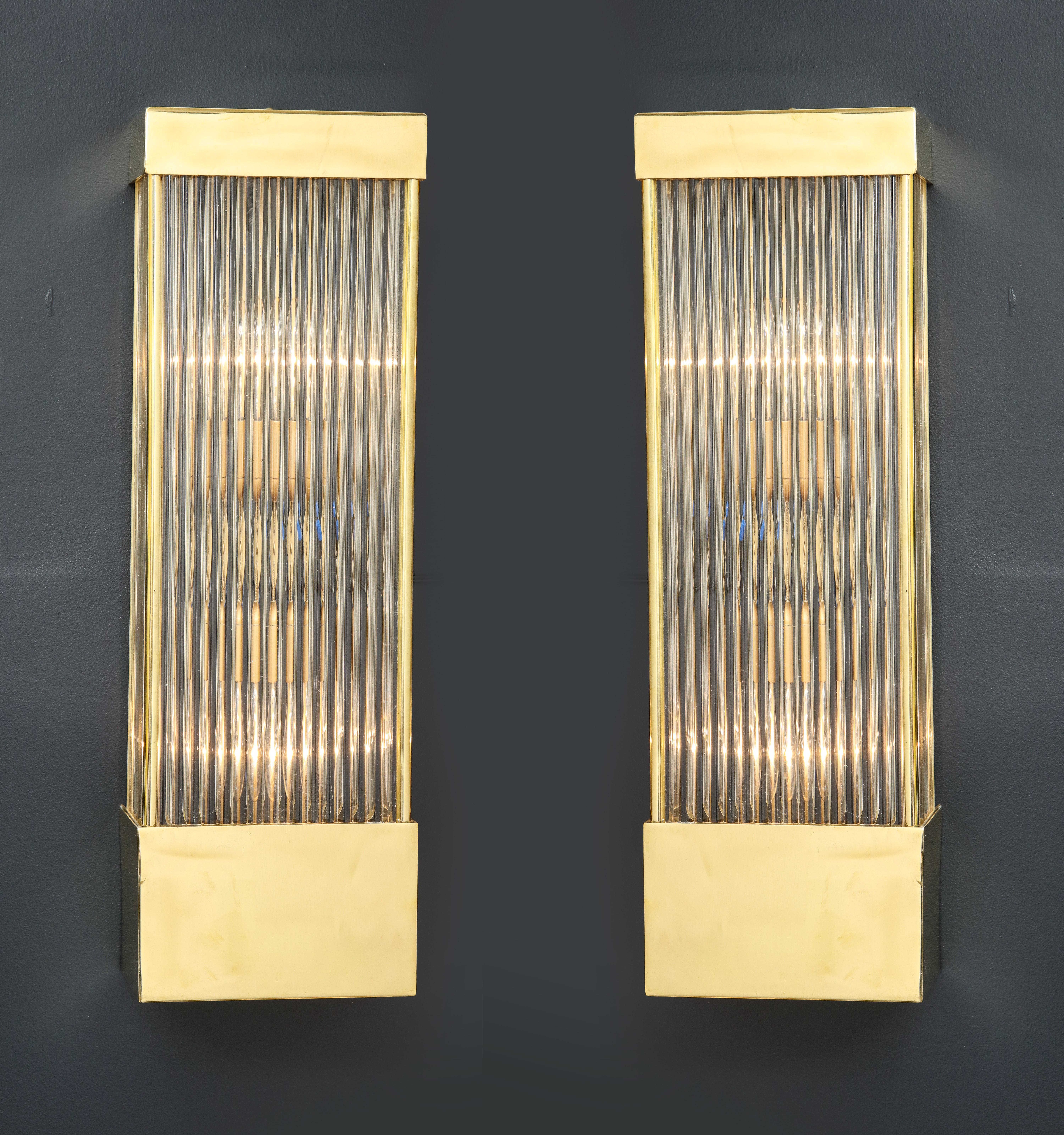 Large Pair of Brass and Clear Murano Glass Rods Rectangular Sconces, Italy In New Condition For Sale In New York, NY