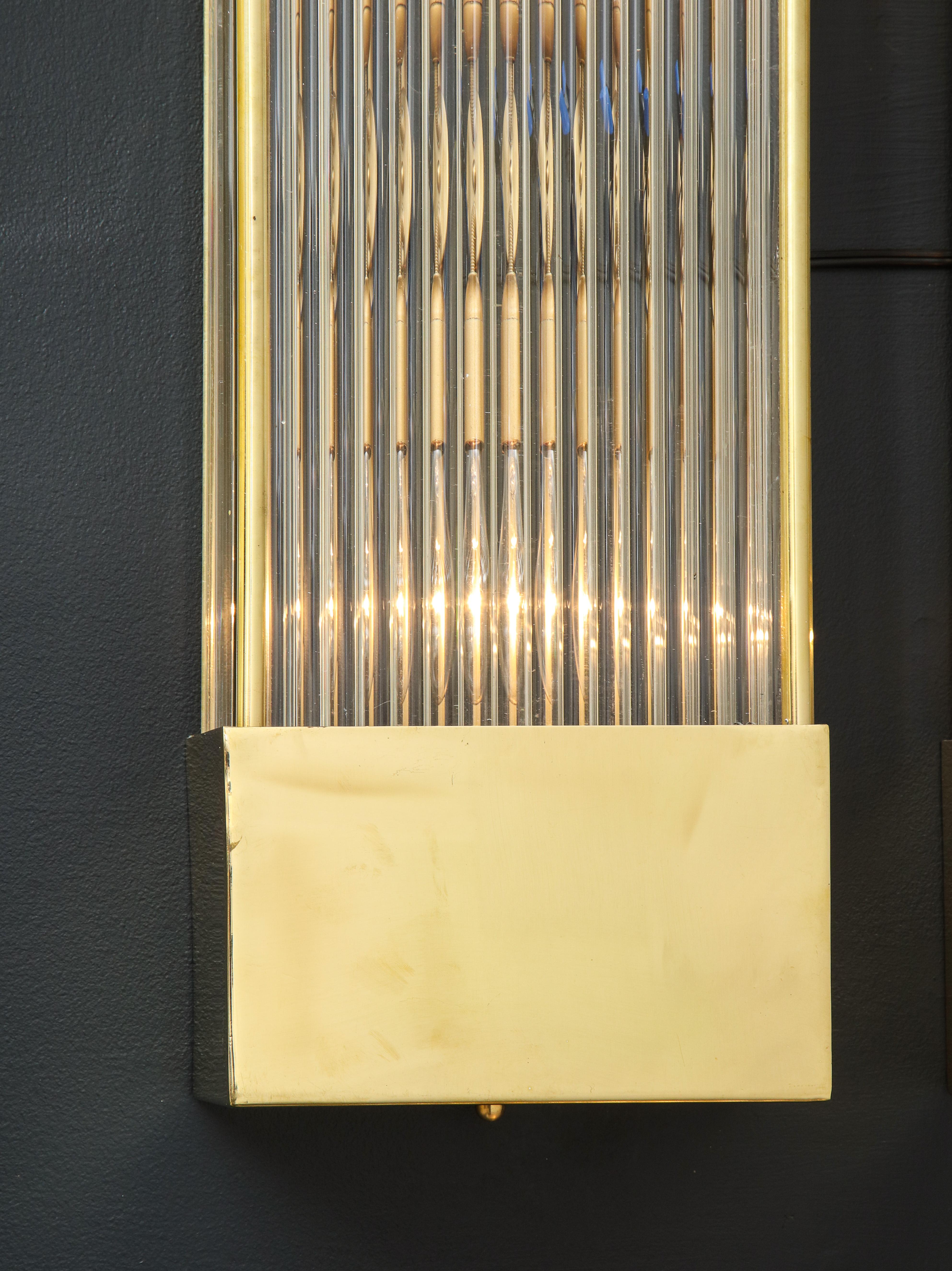 Contemporary Large Pair of Brass and Clear Murano Glass Rods Rectangular Sconces, Italy For Sale