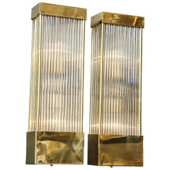 Large Pair of Brass and Clear Murano Glass Rods Rectangular Sconces, Italy