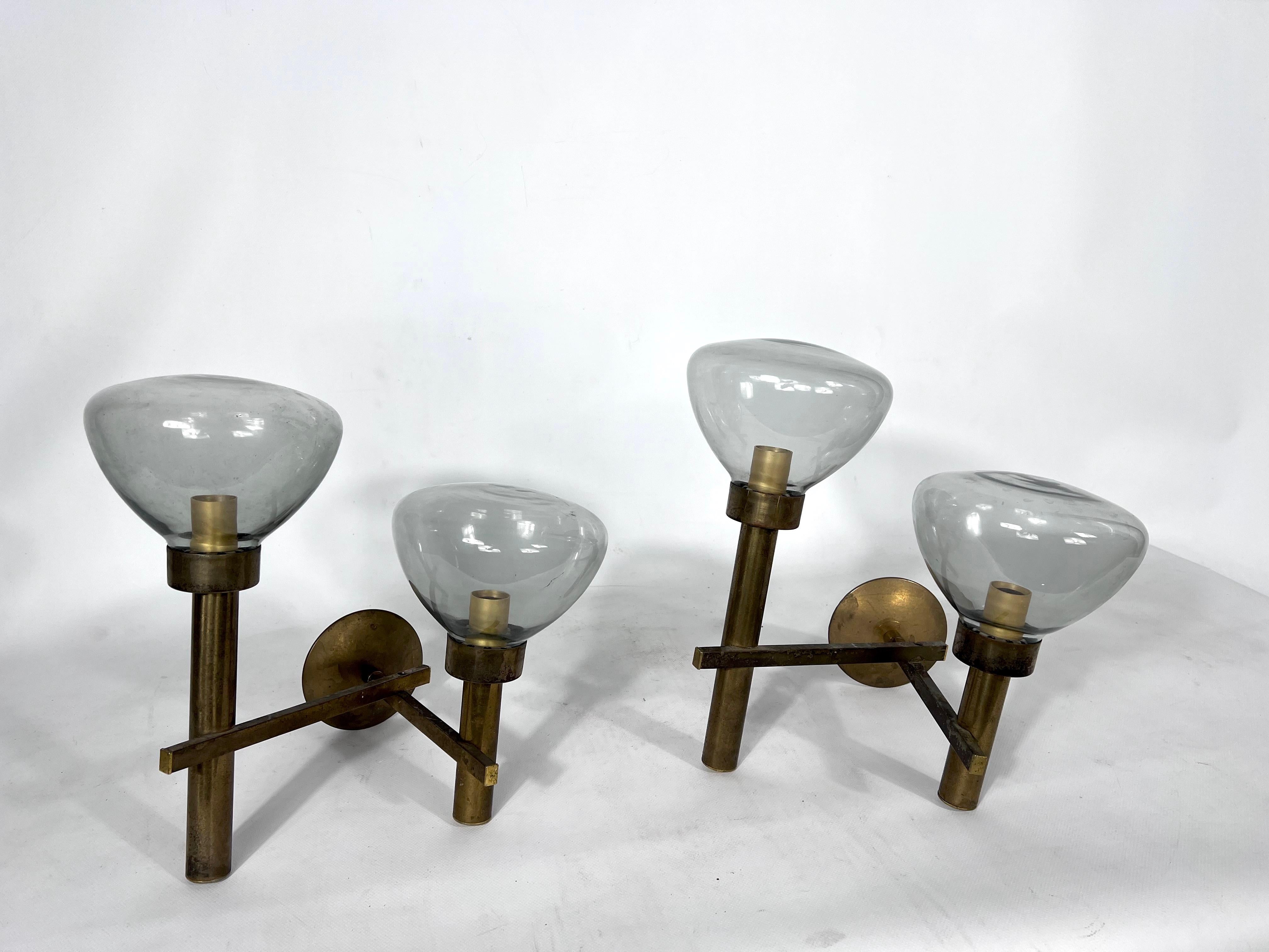 Large Pair of Brass and Glass Sconces by Sciolari, Italian Modern from 70s 8