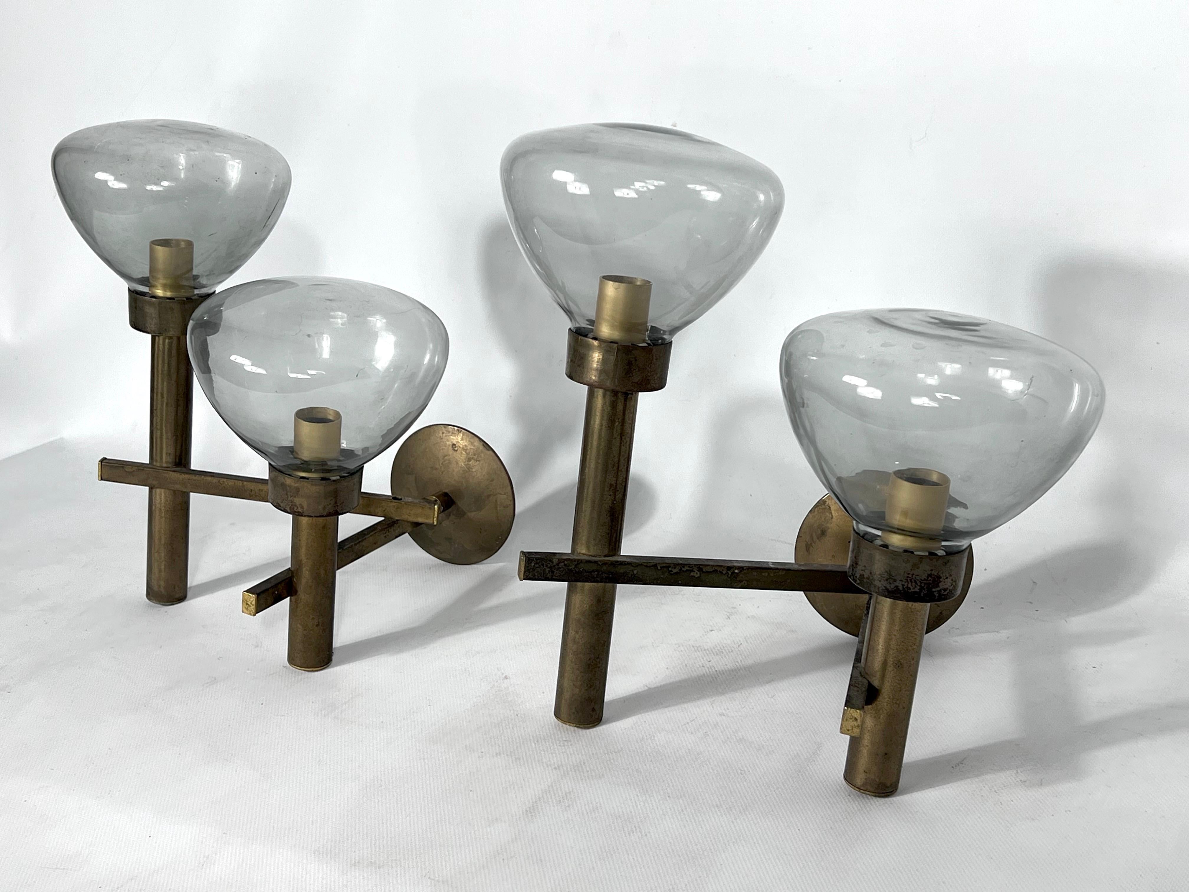 Large Pair of Brass and Glass Sconces by Sciolari, Italian Modern from 70s 1