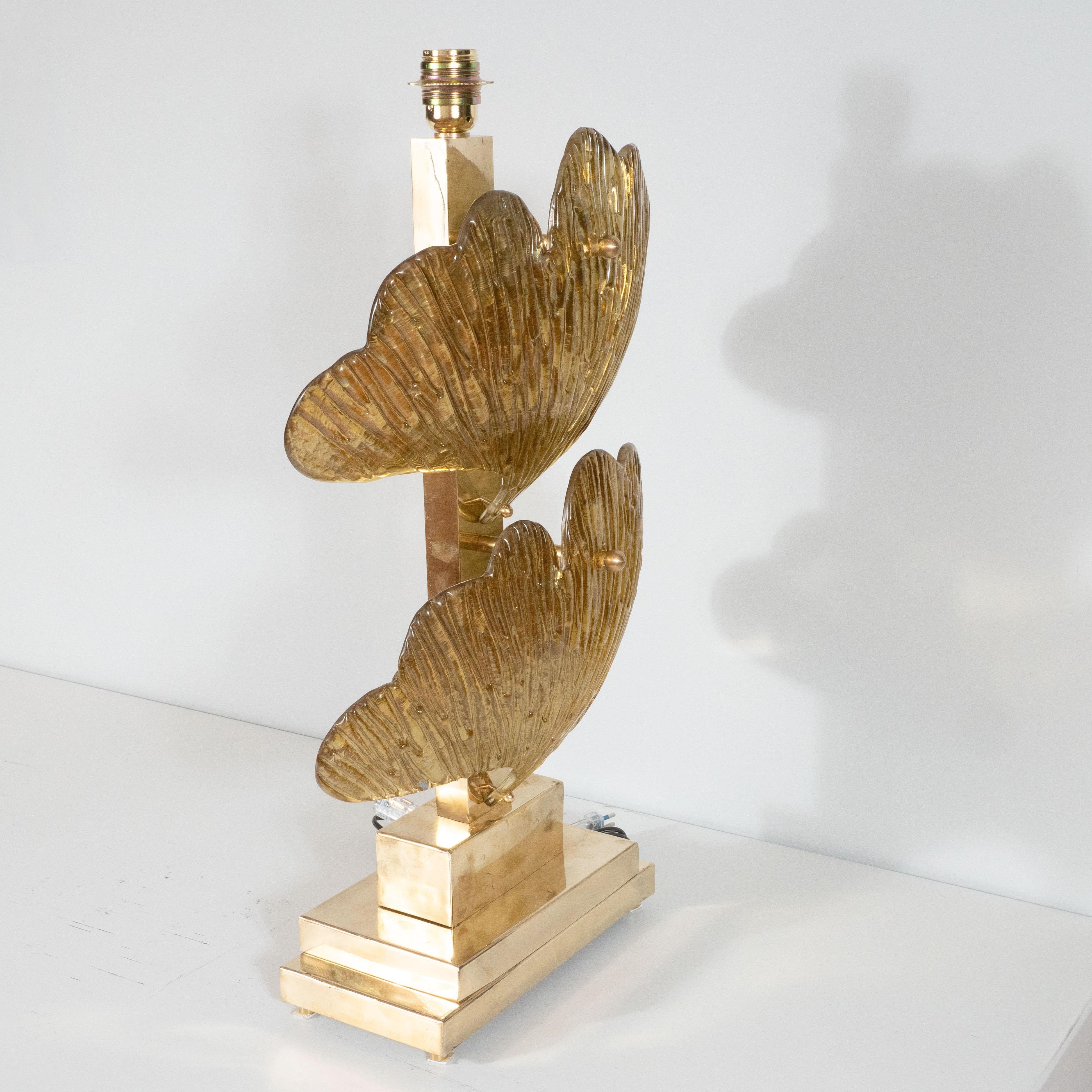 Großes Paar Ginko-Blattlampen aus Messing und goldenem Metallic-Muranoglas, Italien 5