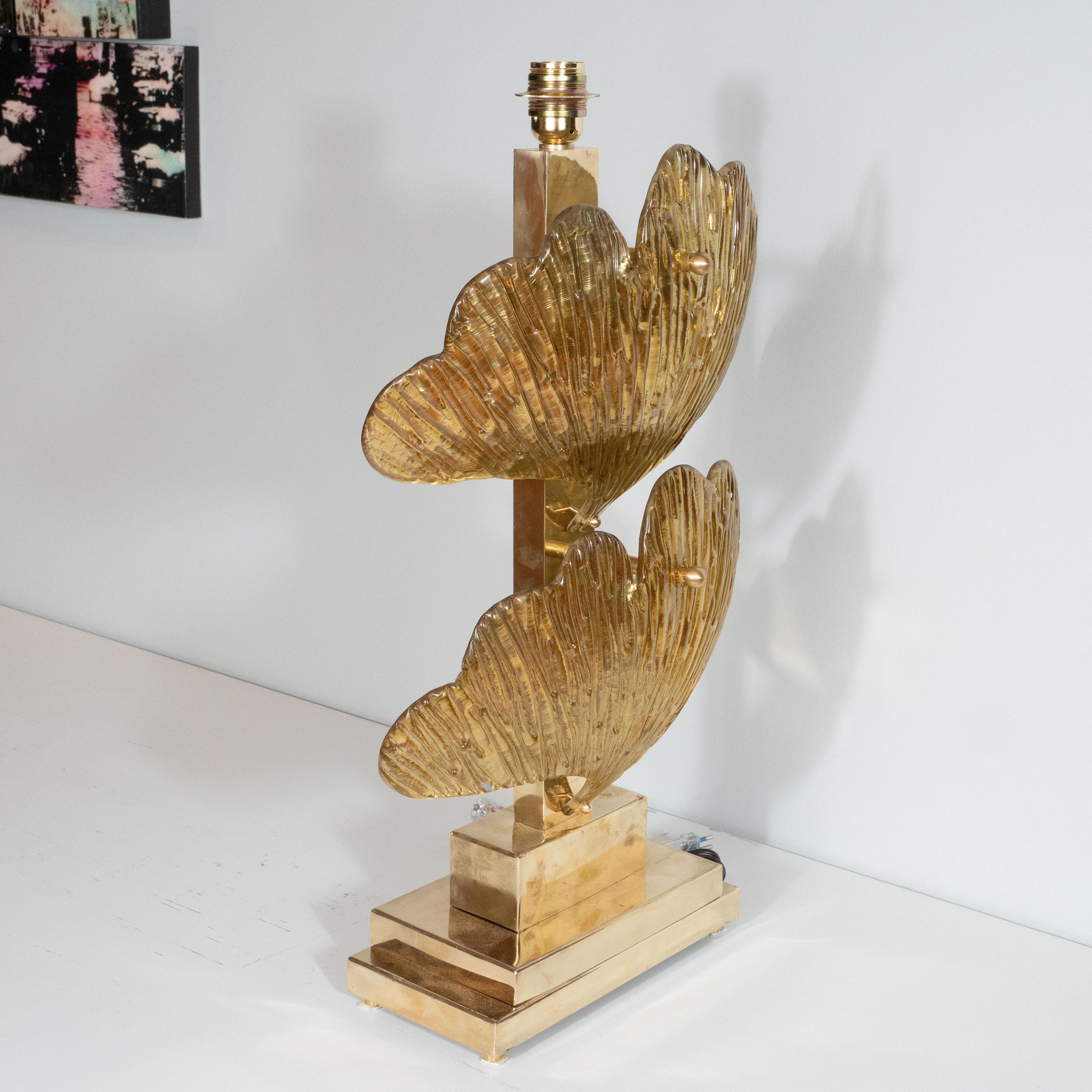 Großes Paar Ginko-Blattlampen aus Messing und goldenem Metallic-Muranoglas, Italien 6