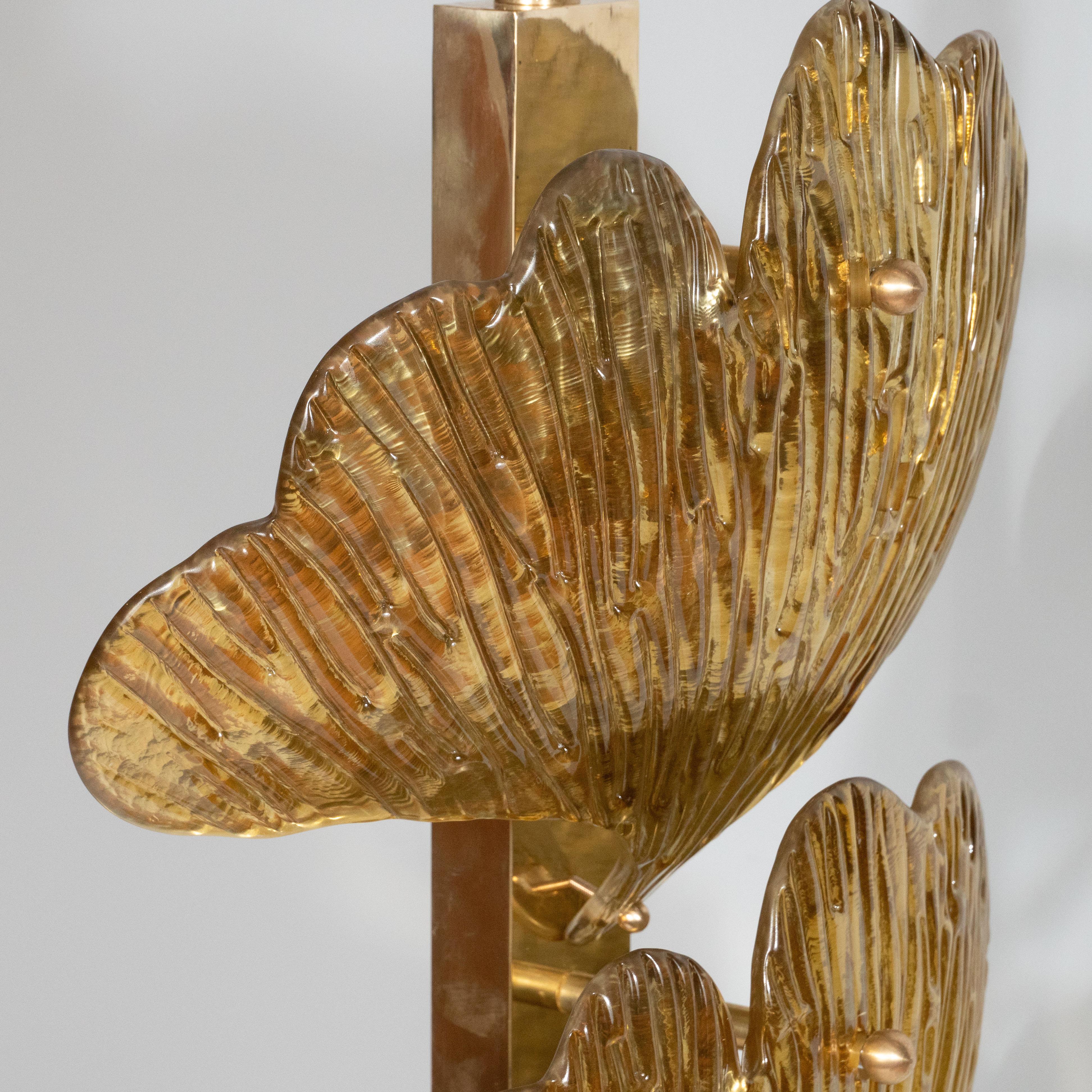 Großes Paar Ginko-Blattlampen aus Messing und goldenem Metallic-Muranoglas, Italien 7