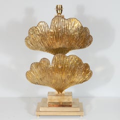 Large Pair of Brass and Gold Metallic Murano Glass Ginko Leaf Lamps, Italy