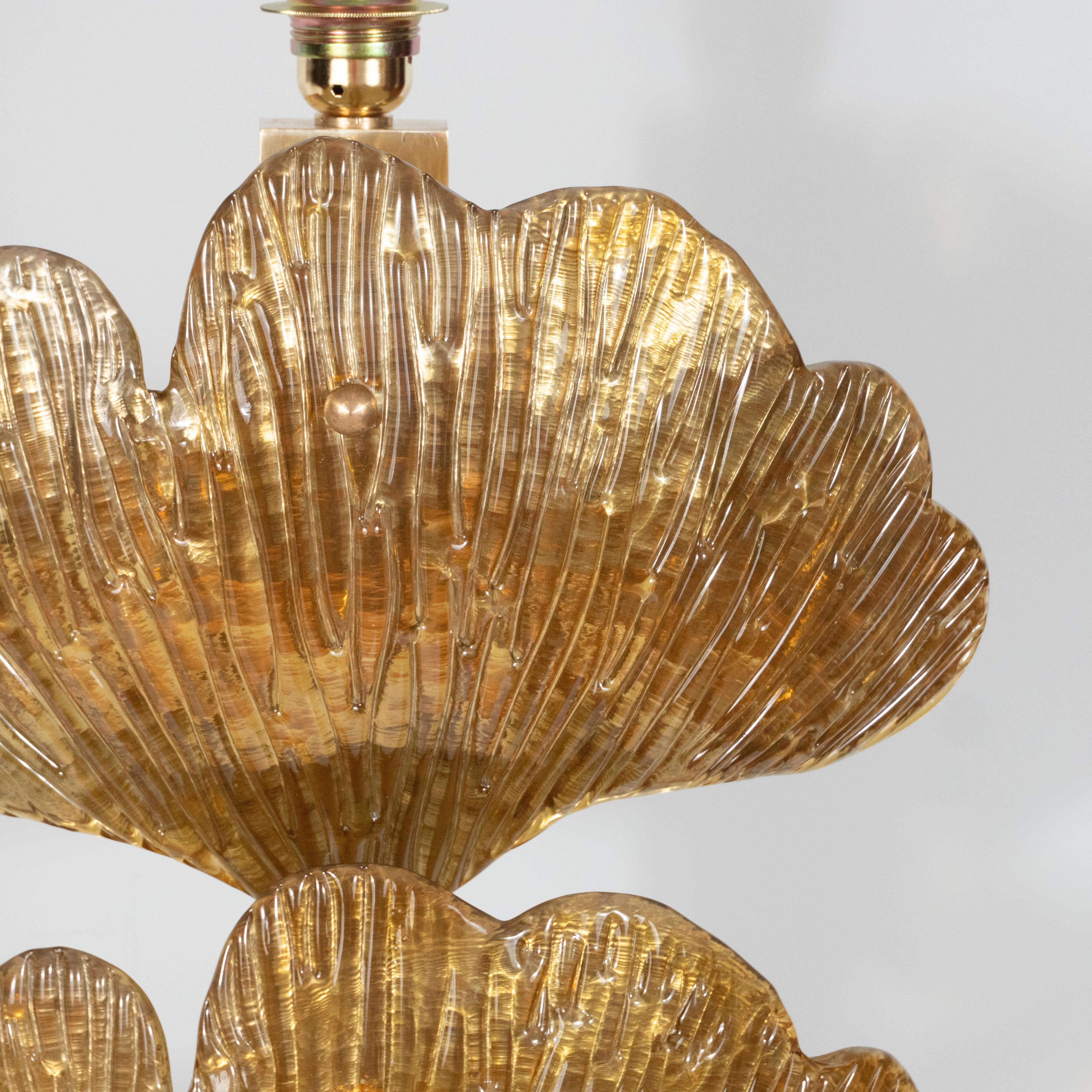 Hand-Crafted Large Pair of Brass and Gold Metallic Murano Glass Ginko Leaf Lamps, Italy